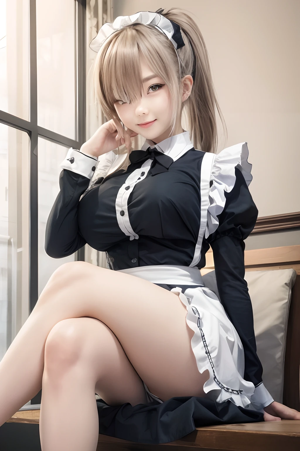 Girl in maid costume sitting, Cross-legged, On the bench
