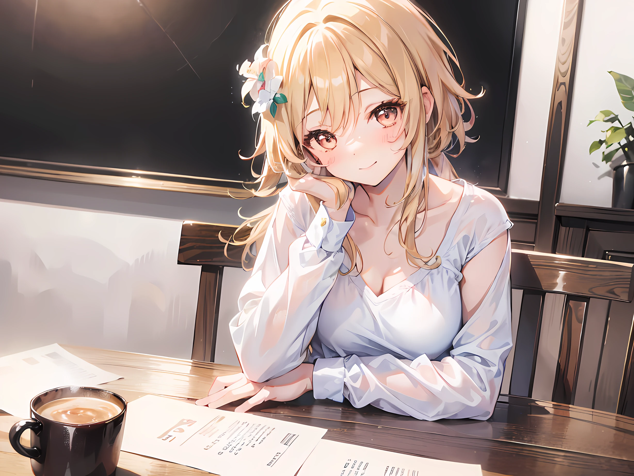 1 girl, cute, smile, seductive smile, (blush:1.1), (leaning over to table:1.4), plain white shirt, jean, indoor, cafe background, simple background, small breasts, beautiful pose, looking at viewer, masterpiece, better quality, 8k, ray tracing, perfect eyes