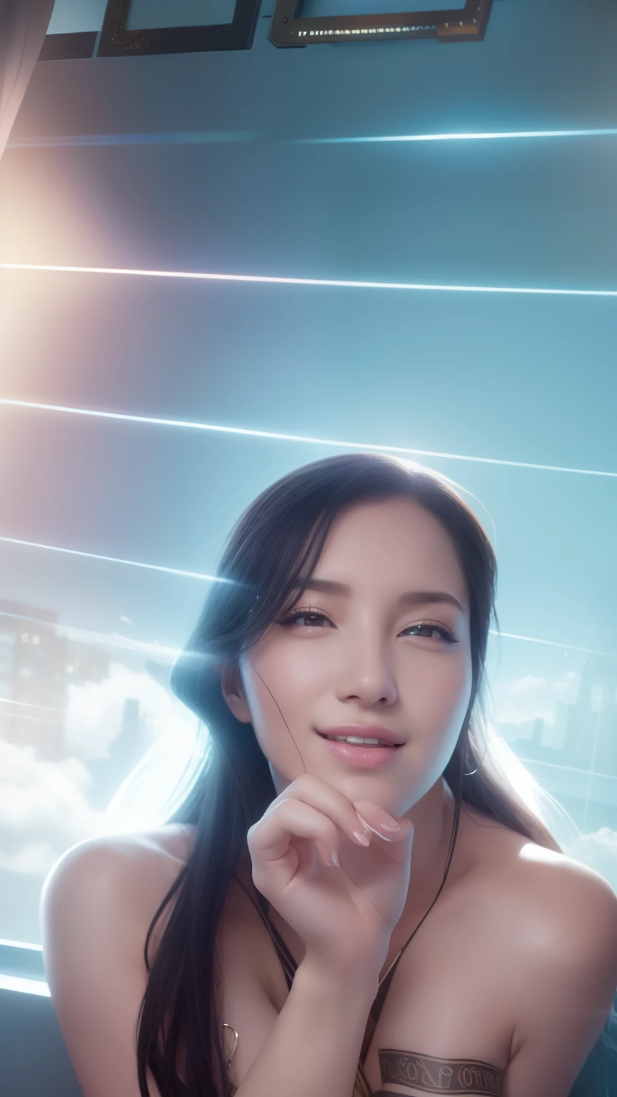 1girll,(enchanced quality:1.4),(Top quality true texture skin), Delicate face,Black hair, Gradient hair, Petite body,(perfect bodies:1.1), There are precious stones on the forehead, rimless eyewears, Sparkling pupils,long eyelasher,grin, hyper photorealism, Cinematic lighting, projected inset, surrealism, hyper HD, Masterpiece, 16k,Lie down,dream on,Wear transparent silk pajamas,Carmelto,Legs slightly open,Tattooed with,Fantasy space,Luxurious space