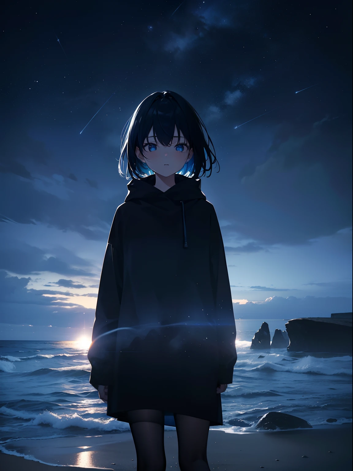 (Masterpiece, Best quality, ultra high resolution),1girl,dark blue hair,on the beach, night, fog, dark blue sky, starry sky,(grey and blue theme),a block of black stone buried on the beach, Lovecraftian