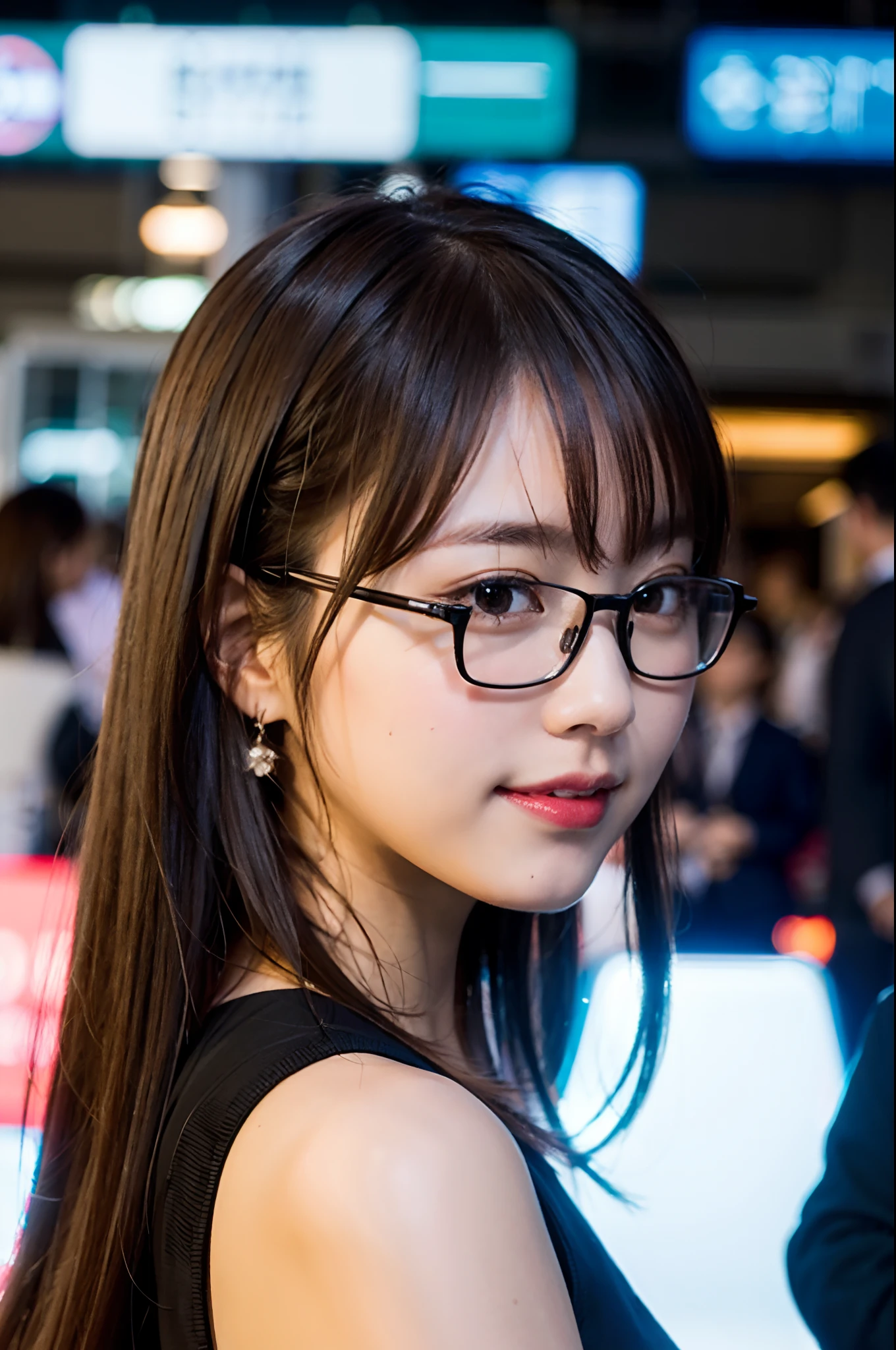 (8K、RAW photography、top-quality、tmasterpiece:1.2)、(hentail realism、Photorealsitic:1.37)、ultra - detailed、超A high resolution、1 rapariga、see the beholder、beautifull detailed face、A smile、shrinks、(Slim waist) :1.3)、short  cut、beautiful detailed skin、Skin texture、Floating hair、Professional lighting、Wait for the platform train、（Black-framed glasses 1.3）、full bodyesbian、Brown hair