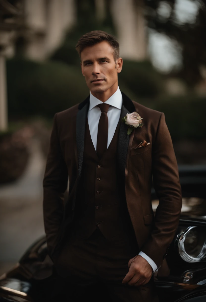 corps entier, wide-angle photo close-up portrait of the body of a handsome man , Grand et en forme, (40 ans:1.1), (shaven:1.2) , (very short brown hair:1.5),(very short hair:1.6). Dark brown tight velvet suit, (La veste a des motifs de fleurs noires:1.2). (posing outside the mansion with a luxury car:1.1), crowded street with cafes in the distance, Cold and dark sunset at dusk, (Edge Light:1.1), (hard light on the skin:1.2), (ombres dures, dark themed, Contraste profond:1.1), (photographie de portrait par Annie Liebovitz), Dark mint theme and choral aesthetics, (skin imperfections), British, dark hair, old money esthetic, 30 years old