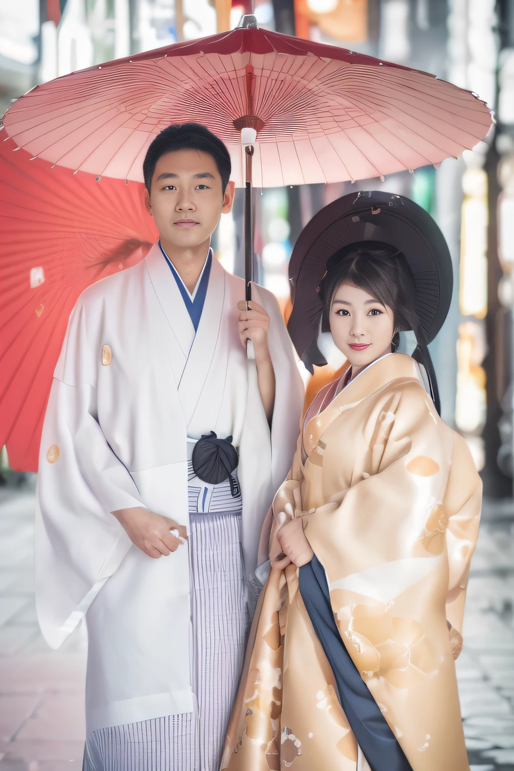 Male and female couples, Japanese umbrella, Kimono, (in 8K, Raw photo, of the highest quality, masutepiece:1.2), Super Detail, 超A high resolution, (Realistic, Photorealistic:1.2), high-definition RAW color photography, professional photograpy, depth of fields, Very fine and beautiful, Very detailed, in 8K, Moisturizing muscle dentistry, Digital SLR, 800mm lens