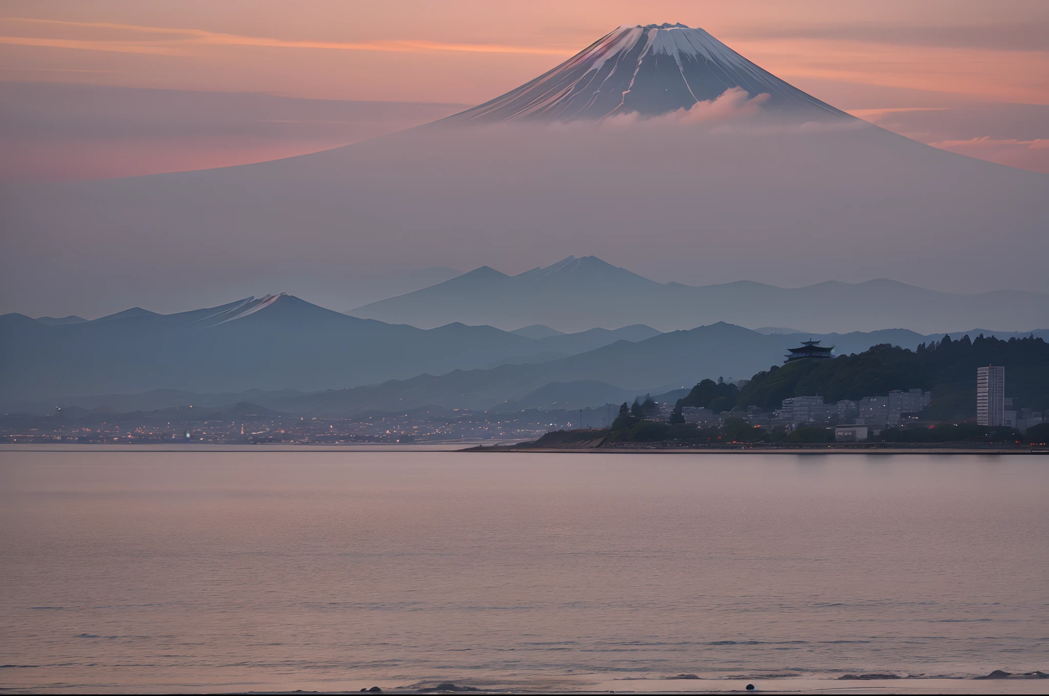 Mt. Fuji at sunrise can be seen beyond Enoshima Island