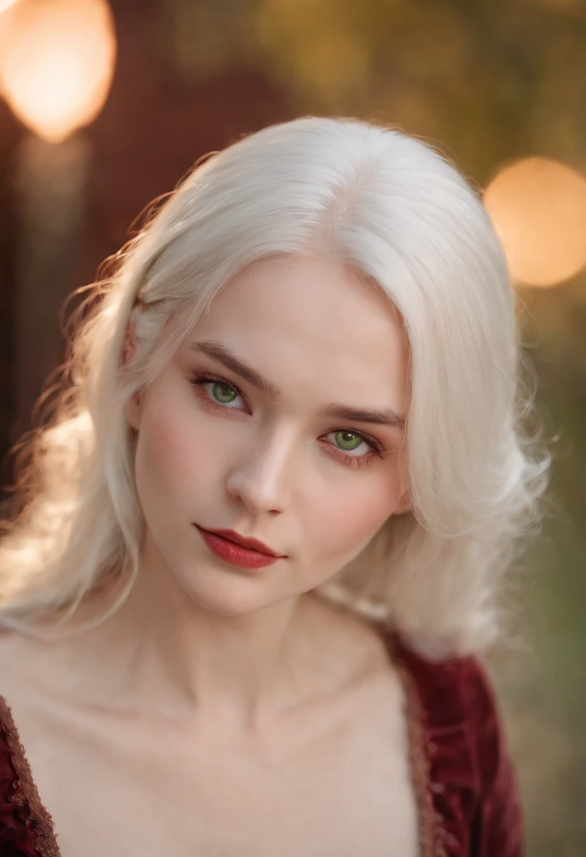 (((a deep reddish wound crosses her left cheek))) fair complexion, woman around 19 years old, natural white hair, distinctive green eyes, wearing kohl, slender and graceful, beautiful, candlelight in a medieval setting, ultra sharp focus, realistic shot, medieval female clothes, tetradic colors (scar:1.4)