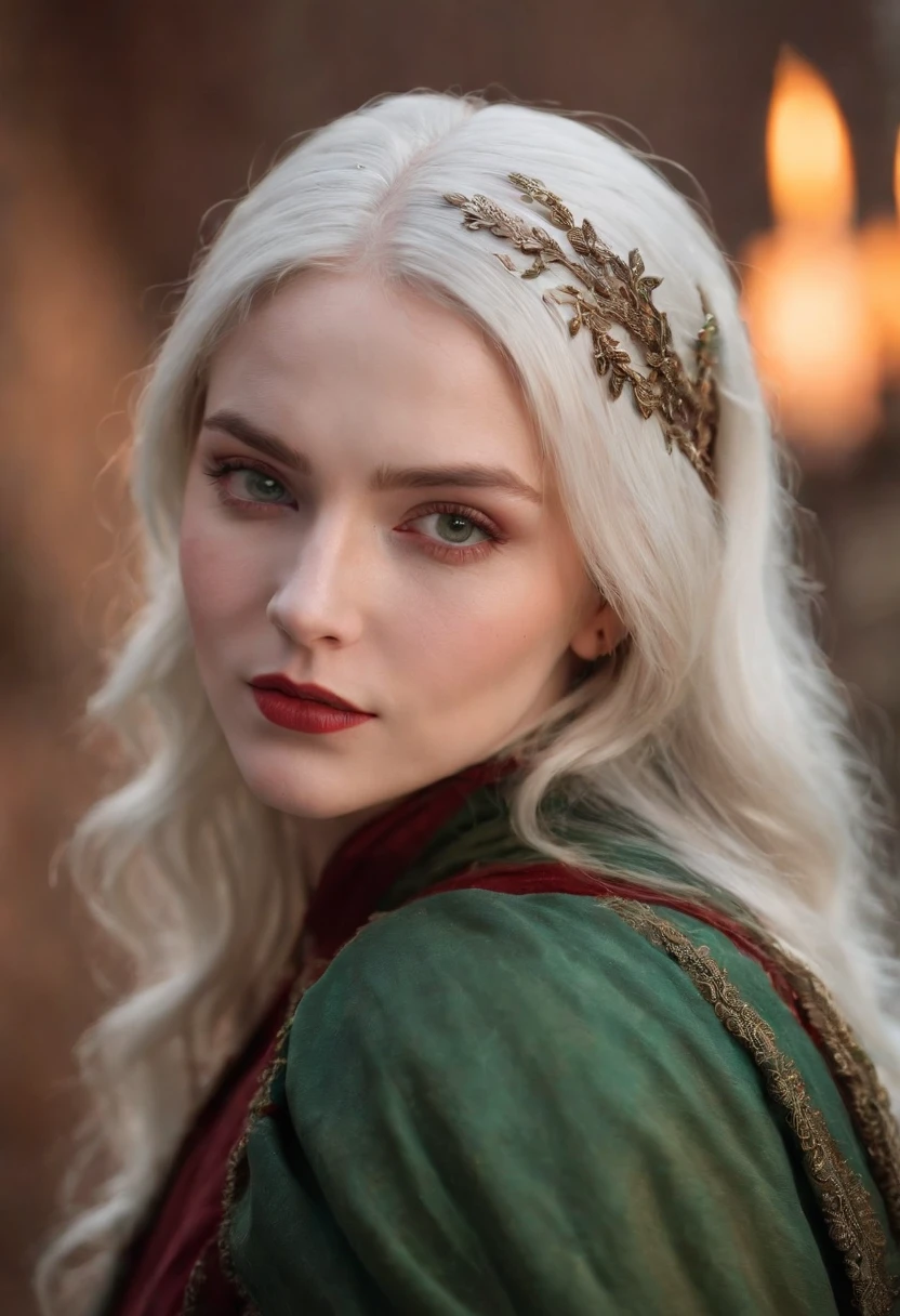 (((a deep reddish wound crosses her left cheek))) fair complexion, woman around 19 years old, natural white hair, distinctive green eyes, wearing kohl, slender and graceful, beautiful, candlelight in a medieval setting, ultra sharp focus, realistic shot, medieval female clothes, tetradic colors (scar:1.4)