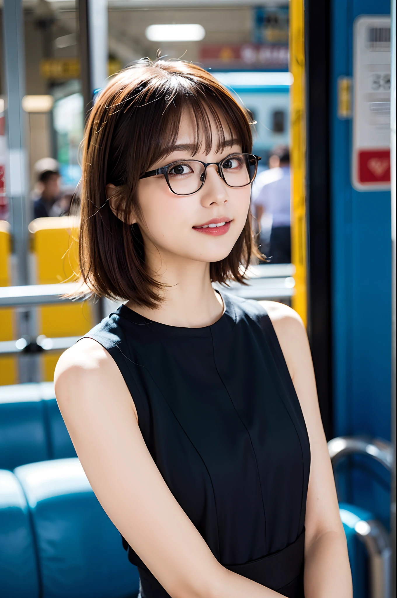 (wears glasses)、bus stop、a smile、Winters、absolutely outstanding image, very extremely beautiful、masterpiece, top-quality,a picture, kawaii、(Colossal tits:1.2)、,8K,Japan girl realistic young idol、Young cute gravure idol、Young Sensual Gravure Idol、Young gravure idols、model in Japan
