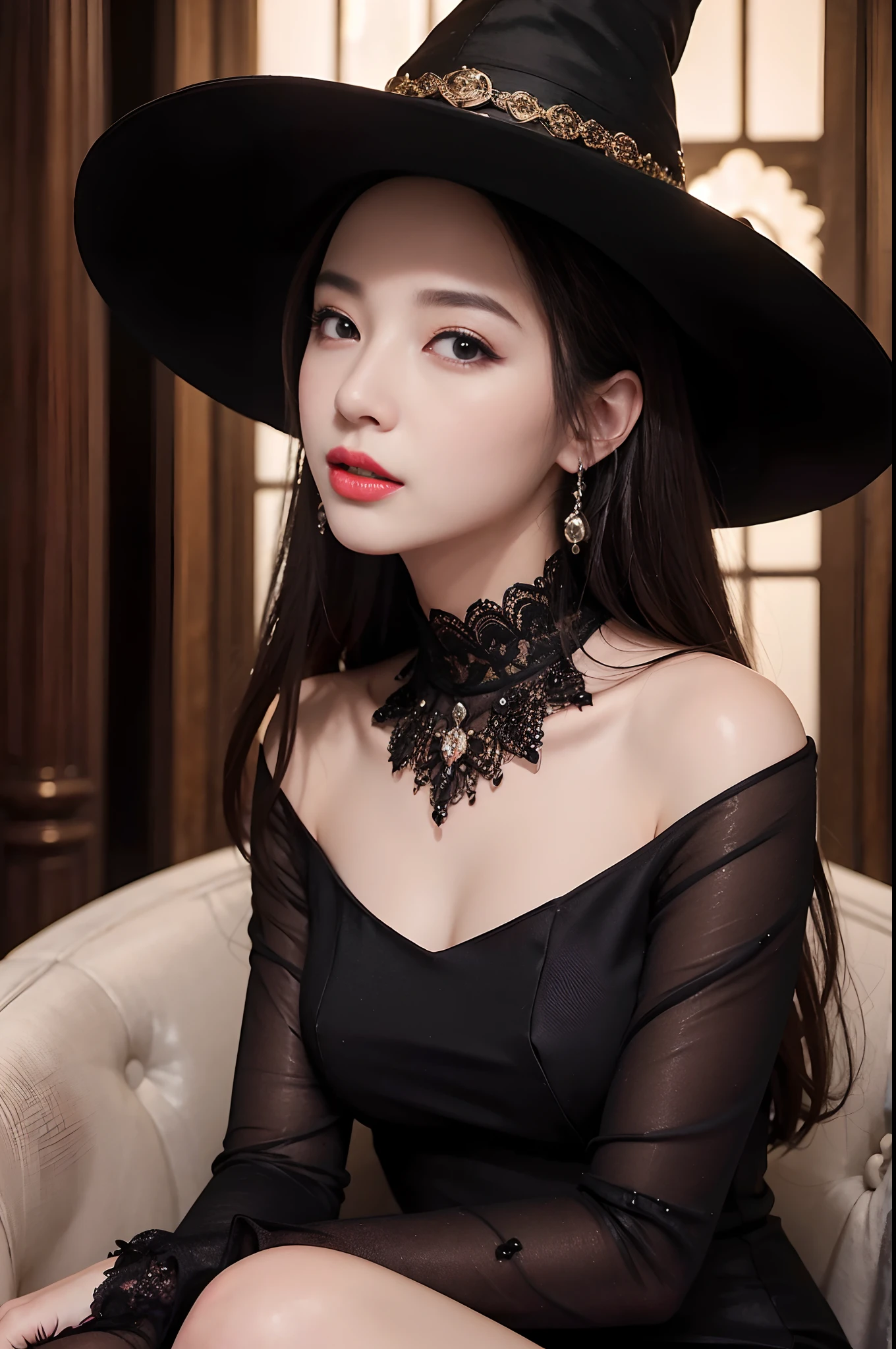 ((top-quality、​masterpiece、photographrealistic:1.4、in 8K))、Beautuful Women１a person、２1 、beautiful hairl、delicate and beautiful face、Eyes and faces with detailed 、Witch Dress、(stylish pose:1.2)、A smile、Beautiful lighting、Textured skin、Super Detail、high detailing、High quality、hight resolution、（looking at the viewers）、Detailed mouth、witch's hat、high-heels、Black Dress、full body Esbian、the witch、Mystical Castle Room、Detailed mouth、Opening Mouth、Opening Mouth、luxury black dress