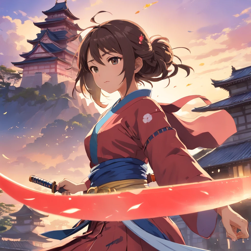 (((Japanese castle))),(Samurai Beautiful Girl)(Dynamic Angle:1.4), ((Full body posing:1.5), (Colorful:1.2), (Highly detailed CG Unity 16K wallpaper:1.1), (Denoising strength: 1.45), (tmasterpiece), ((Official art)), of the highest quality, 1girl in, Hold the samurai's sword high, quality, long hair fluttering, Wings, (Fantastical), 8K