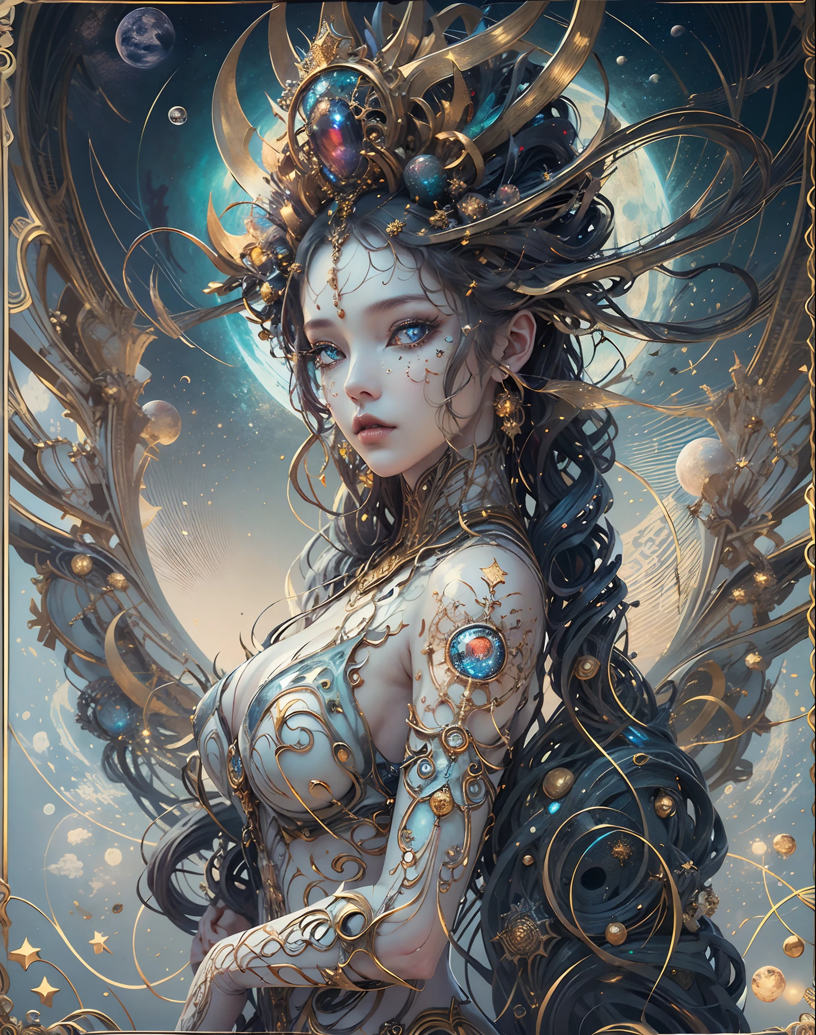 (best quality，ultra - detailed，Most Best Illustration，Best shadow，masterpiece，A high resolution，professional artwork，famous artwork），Eyes focus, Star sparkle particle around, Detailed eyes，beautiful eyes，closeup cleavage，sci-fi，colored sclera，face markings，Tattooed with，（fractalized，Fractal eyes)，large eyes，Wide eyes，（Eye focus），face focus，Cosmic eyes，Space eyes,  metal sculpture of a woman with a moon in her hair，sexy goddess, extremely high detail，3 d goddess portrait，Extremely detailed，a stunning portrait of a goddess，Side image of the goddess，portrait of a beautiful goddess，Full body close-up portrait of the goddess，hecate goddess，portrait of a norse moon goddess，goddess of space and time, sea art 2.1, goddess sea art 2.1, texture masterpiece, super detail, cinematic lighting, perfect face.