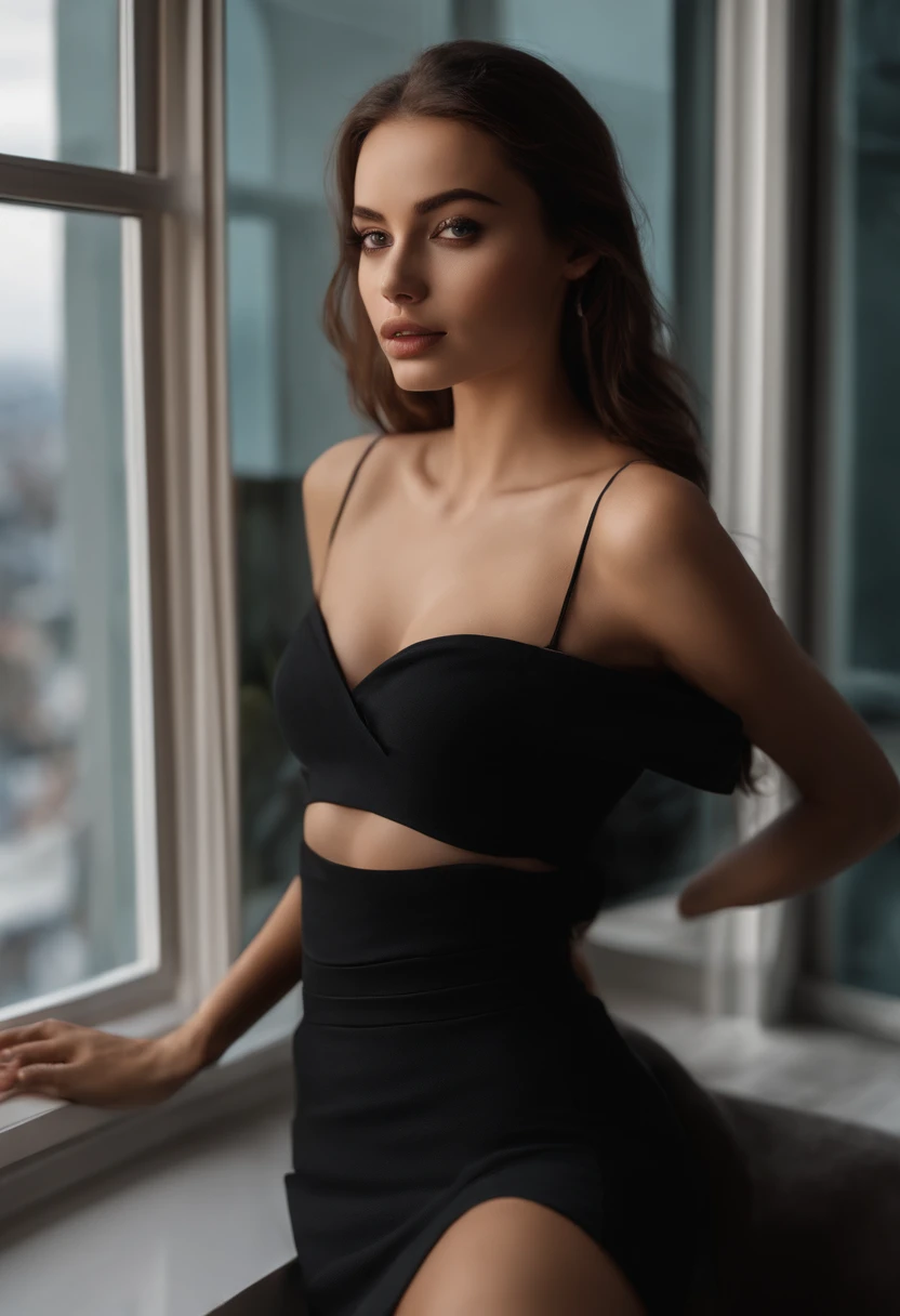 arafed woman with black clothes, sexy girl with brown eyes, portrait sophie mudd, brown hair and large eyes, selfie of a young woman, bedroom eyes, violet myers, without makeup, natural makeup, looking directly at the camera, face with artgram, subtle makeup, stunning full body shot, on a balcony having mountains behind her, cleavage