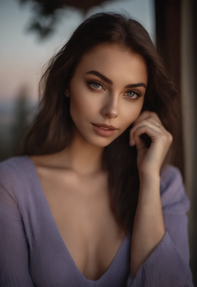 arafed woman with black clothes, sexy girl with brown eyes, portrait sophie mudd, brown hair and large eyes, selfie of a young woman, bedroom eyes, violet myers, without makeup, natural makeup, looking directly at the camera, face with artgram, subtle makeup, stunning full body shot, on a balcony having mountains behind her, cleavage