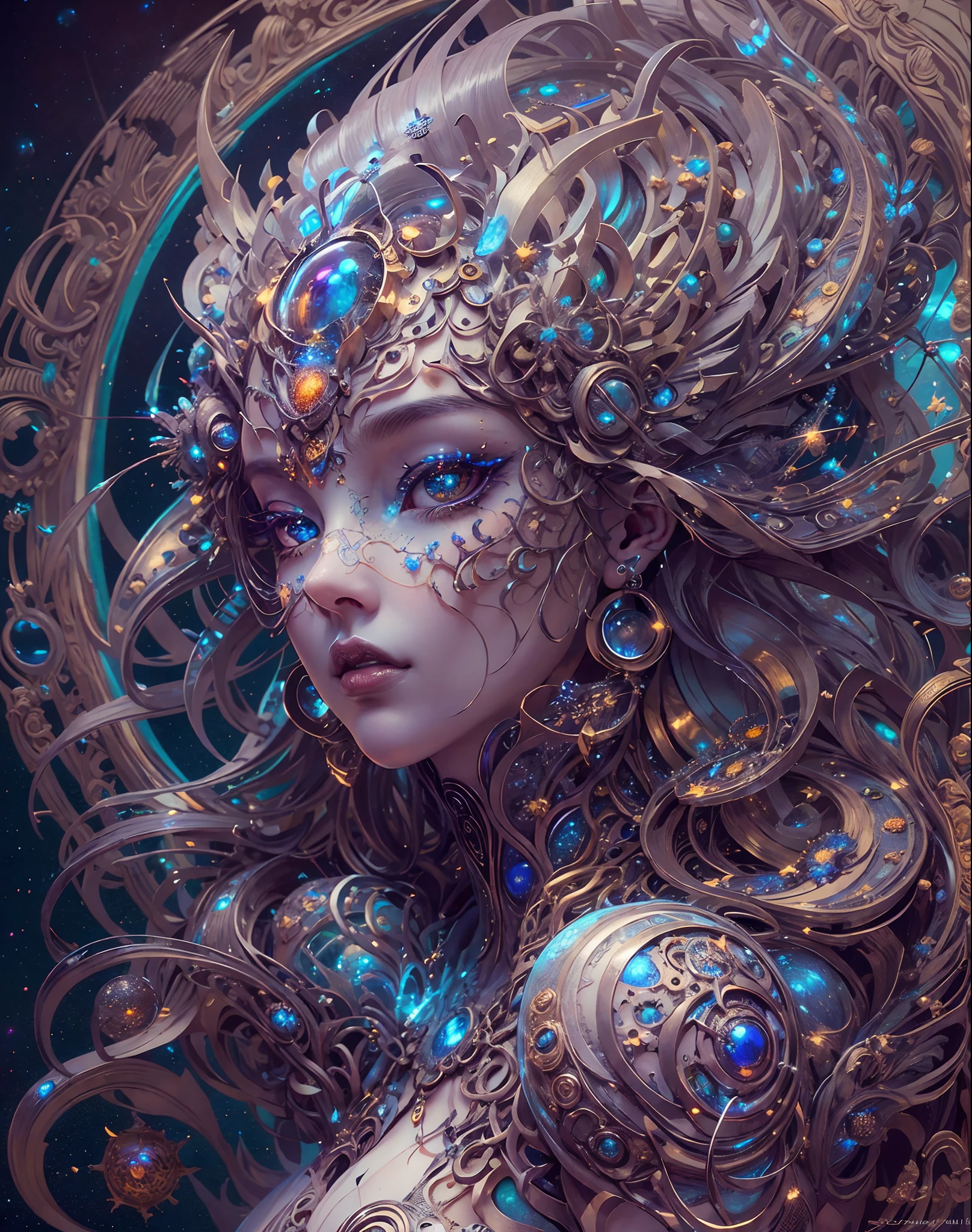 (best quality,ultra - detailed,Most Best Illustration,Best shadow,masterpiece,A high resolution,professional artwork,famous artwork),Eyes focus, Star sparkle particle around, Detailed eyes,beautiful eyes,closeup cleavage,sci-fi,colored sclera,face markings,Tattooed with,(fractalized,Fractal eyes),large eyes,Wide eyes,(Eye focus),face focus,Cosmic eyes,Space eyes, metal sculpture of a woman with a moon in her hair,sexy goddess, extremely high detail,3 d goddess portrait,Extremely detailed,a stunning portrait of a goddess,Side image of the goddess,portrait of a beautiful goddess,Full body close-up portrait of the goddess,hecate goddess,portrait of a norse moon goddess,goddess of space and time, sea art 2.1, goddess sea art 2.1, texture masterpiece, super detail, cinematic lighting, perfect face.