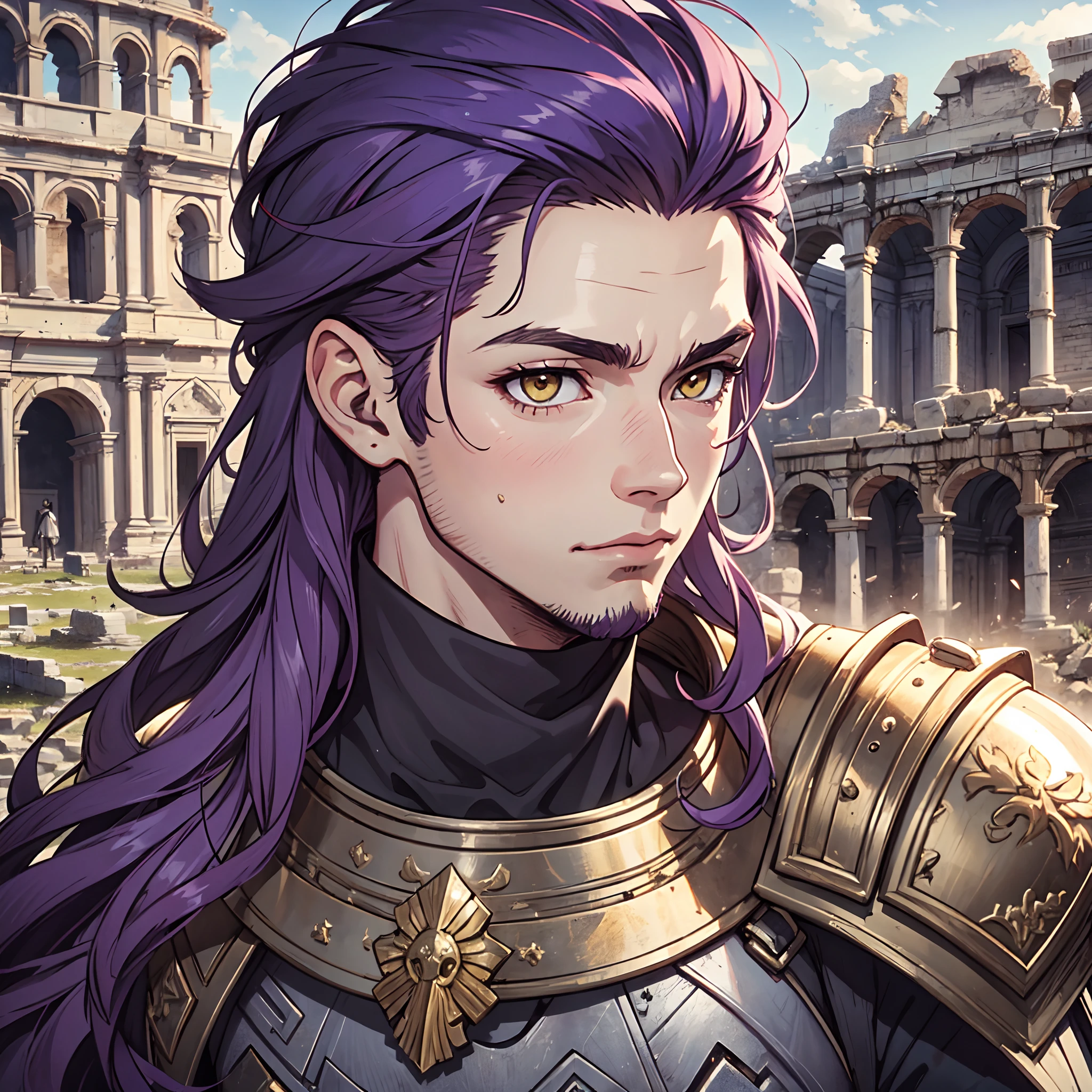 Ultra High Definition,
Ultra High Quality,
Hyper Definition,
Hyper Quality,
Hyper Detailed,
Extremely Detailed,
Perfectly Detailed,
8k,
1 Boy,
Long Purple Hair,
Under Cut Hairstyle,
Solid Yellow Eyes,
Handsome,
Armored With Roman Emperor Armor,
Ancient Roman Empire Ruins Background,
