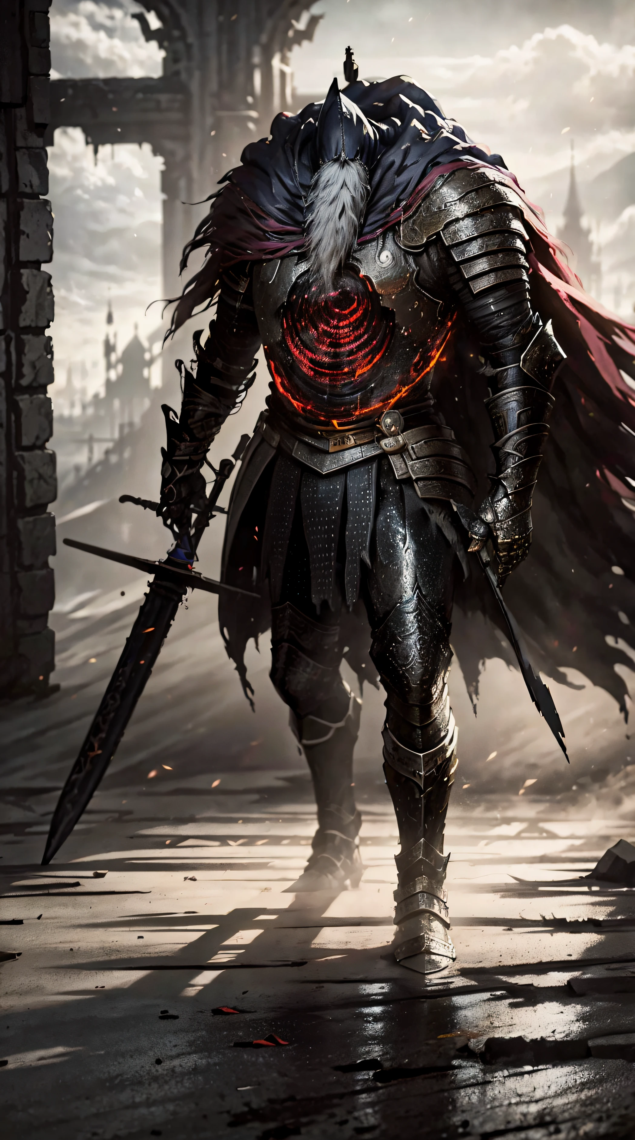 anime character with sword standing in front of a building, profile, hand opened facing towards the camera, fallen knight, from arknights, gothic knight, evil knight, the style of wlop, fantasy knight, knight, royal emperor, dark souls knight, off-white plated armor, wearing heavy armor with cape, black heavy armor with gold trim, smooth anime cg art, artorias, glowing sword,