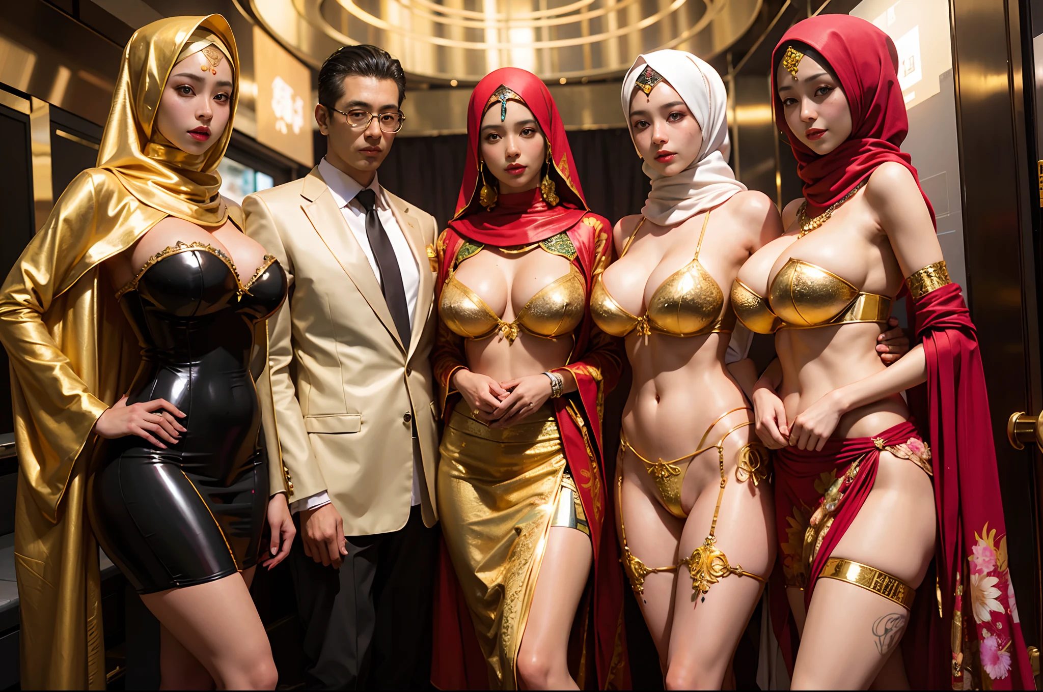 araffes dressed in costumes posing for a picture with a man, exotic costumes, inspired by hajime sorayama, inspired by Hedi Xandt, oppai cyberpunk, in style of kar wai wong, gold suit, glamourous cosplay, harem, style of hajime sorayama, cgsociety masterpiece, middle eastern skin, cyberpunk strip clubs, hijab