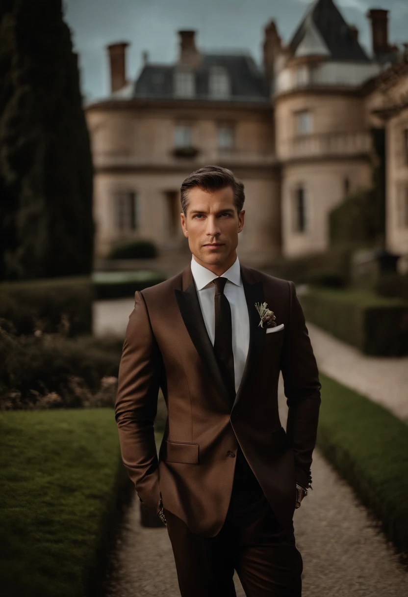 corps entier, wide-angle photo close-up portrait of the body of a handsome man , Grand et en forme, (40 ans:1.1), (shaven:1.2) , (very short brown hair:1.5),(very short hair:1.6). Dark brown tight velvet suit, (La veste a des motifs de fleurs noires:1.2). (posing outside the mansion with a luxury car:1.1), crowded street with cafes in the distance, Cold and dark sunset at dusk, (Edge Light:1.1), (hard light on the skin:1.2), (ombres dures, dark themed, Contraste profond:1.1), (photographie de portrait par Annie Liebovitz), Dark mint theme and choral aesthetics, (skin imperfections), British, dark hair, old money esthetic, 30 years old, really handsome, prince
