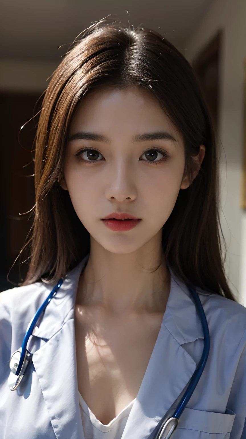 Slender Asian girl, kpop idol, ((doctor)), ((top quality, 8k, masterpiece: 1.3)), crisp focus: 1.2, beautiful woman with perfect figure: 1.4, highly detailed face and skin texture, detailed eyes, ((skinny)), beautiful face, symmetrical face, full-length, sexy