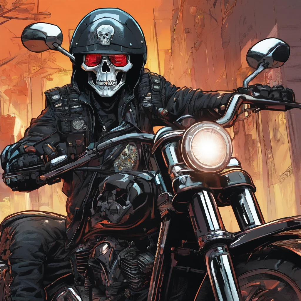 OLDSCHOOL drawing of a motorcycle skull with red eyes helmet with MOTORCYCLE CLUB denim VEST, and YOUR CUSTOM MOTORCYCLE black, highlighting the surrounding landscape, a road and the full moon on the horizon