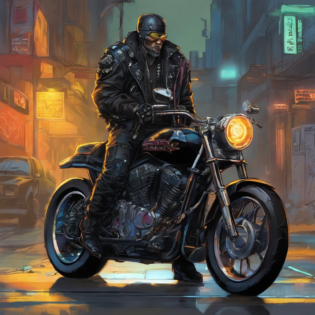 1 highly reflective Chrome skull headed male cyberpunk motorcycle gang member with LED lit cybernetic prosthetic arms housing retractable hidden weaponry and glowing white eyes, all black leather and motorcycle vest with embroidered skull motorcycle patch emblem embossed on back, ( Character Sheet, forehead, back, side, rear), Full Shot full body portrait character design schematic shot, highly reflective Chrome skull headed cyberpunk motorcycle gang member with glowing White eyes with detailed led lit cybernetic arms visually holstering gadgets wearing all black leather and motorcycle vest with embroidered skull motorcycle patch embossed on the back. insanely detailed matte painting with rough strokes and textures, Stephen Gammell, Pino Daheny, Jeremy Mann, Alex Maleev, Carne_Griffiths, 16k resolution, oil on canvas, fine art, super efficient light, crisp focus, graininess, approaching perfection, a million details, Max quality. (masterpiece: 1.2), (best quality: 1.3).