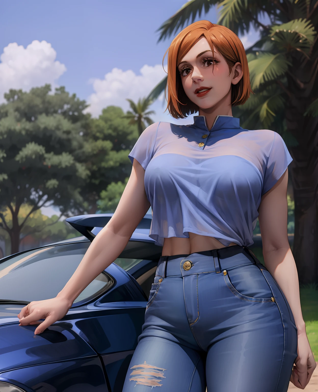 Girl, smile, red lips, big nose, big tits, short hair, fair skin, sexy body, blue clothes colors, blue pants colors, beautiful girl, in outdoor, sexy pose, eleganr pose, realistic