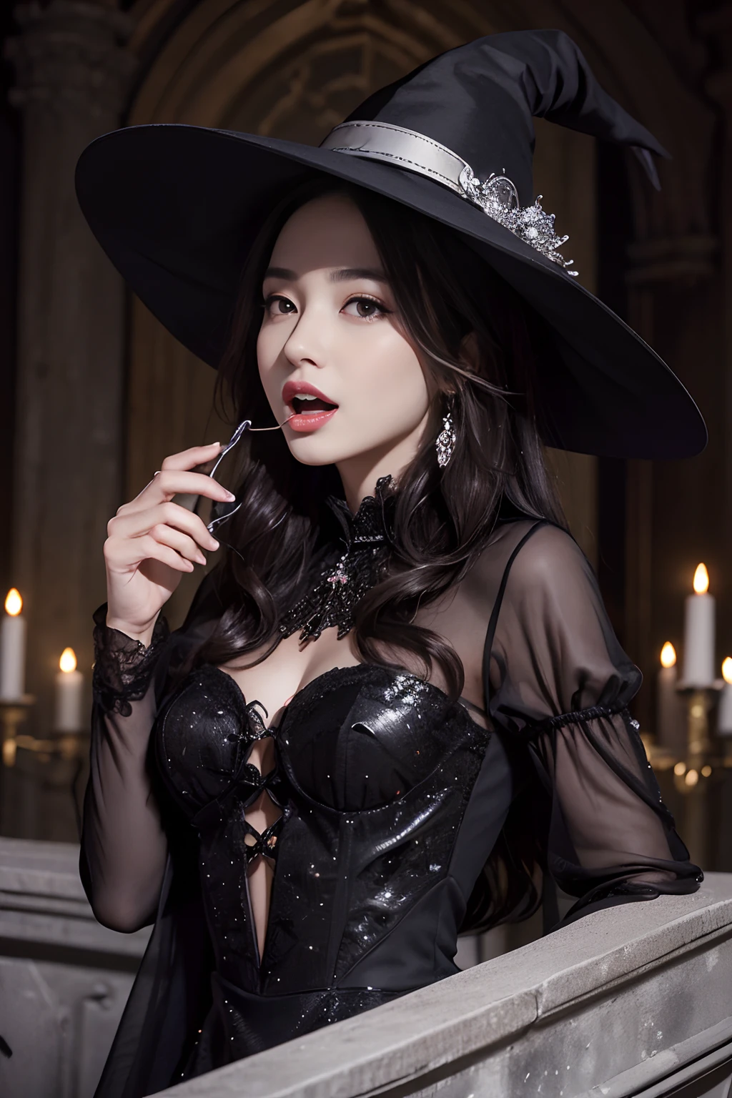 ((top-quality、​masterpiece、photographrealistic:1.4、in 8K))、Beautuful Women１a person、２1 year old、beautiful hairl、delicate and beautiful face、Eyes and faces with detailed 、Witch Dress、(stylish pose:1.2)、A smile、Beautiful lighting、Textured skin、Super Detail、high detailing、High quality、hight resolution、（looking at the viewers）、Detailed mouth、witch's hat、high-heels、Black Dress、full body Esbian、the witch、Mystical Castle Room、Detailed mouth、Opening Mouth、Opening Mouth、luxury black dress、silber hair