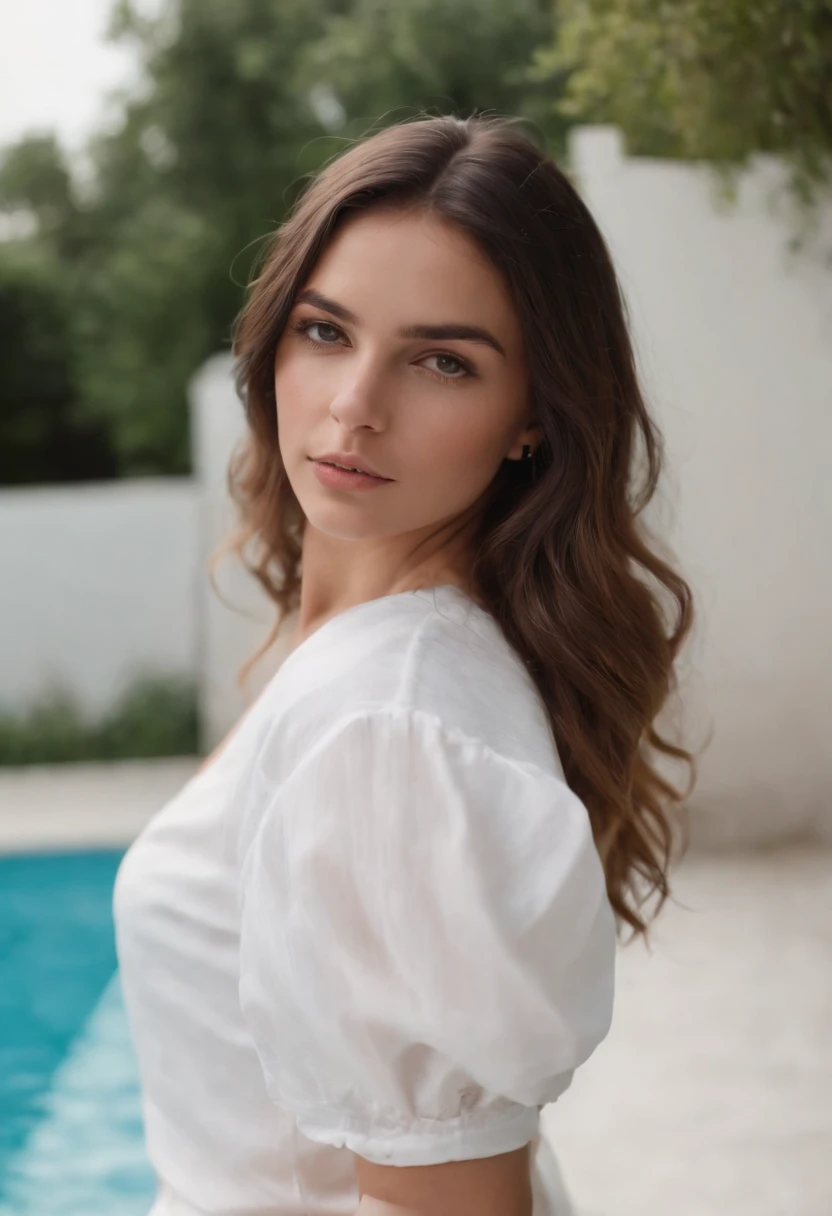 Mujer guapa morena con camisa blanca parado frente a la piscina, Vista lejana, camiseta blanca,, Vista lejana, streetwear casual, manga corta, mirando directamente a la foto