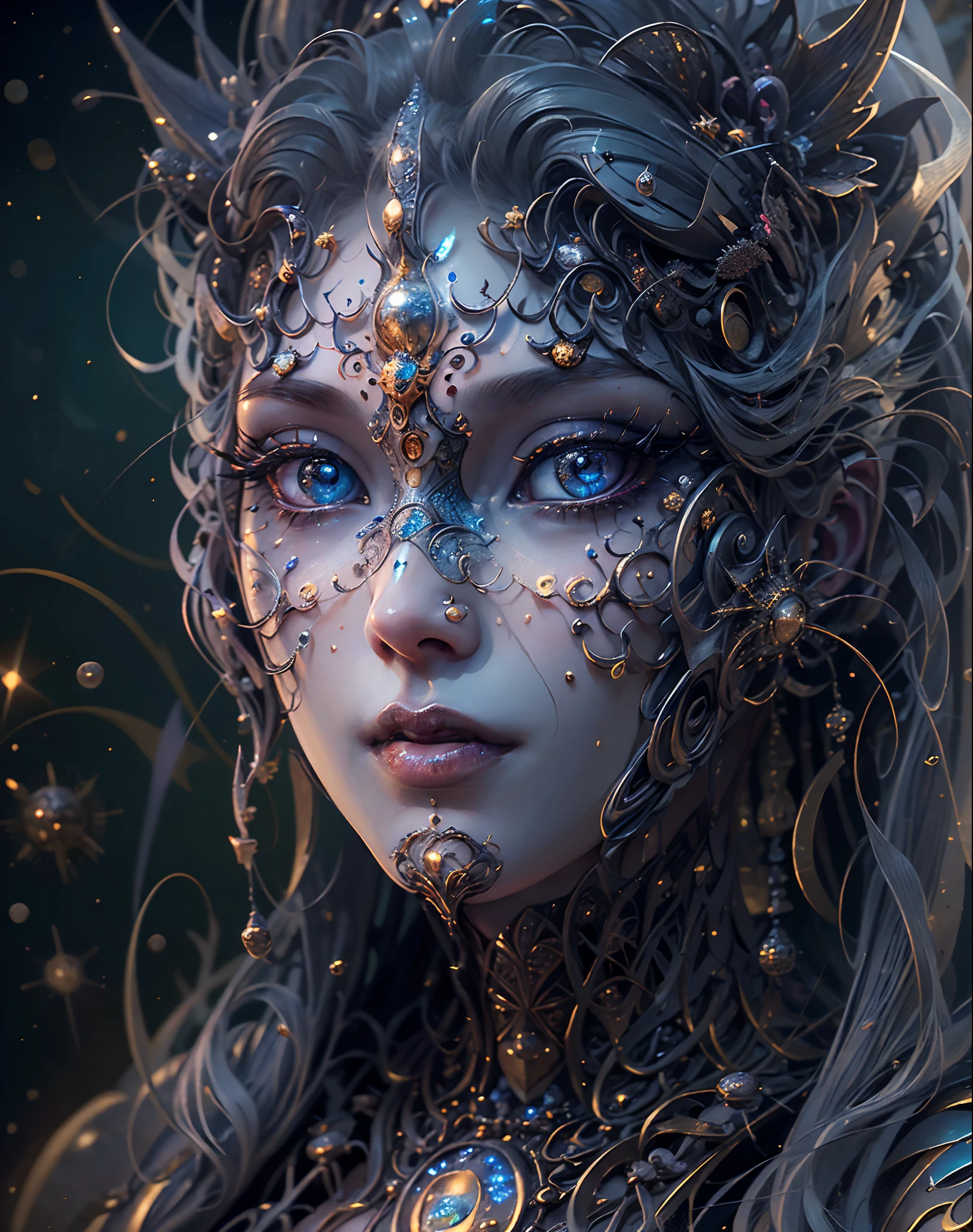 (best quality,ultra - detailed,Most Best Illustration,Best shadow,masterpiece,A high resolution,professional artwork,famous artwork),Eyes focus, Star sparkle particle around, Detailed eyes,beautiful eyes,closeup cleavage,sci-fi,colored sclera,Robot eyes,face markings,Tattooed with,(fractalized,Fractal eyes),large eyes,Wide eyes,(Eye focus),face focus,Cosmic eyes,Space eyes,Close-up of metal sculpture of a woman with a moon in her hair,goddess, extremely high detail,3 d goddess portrait,Extremely detailed footage of the goddess,a stunning portrait of a goddess,Side image of the goddess,portrait of a beautiful goddess,Full body close-up portrait of the goddess,hecate goddess,portrait of a norse moon goddess,goddess of space and time, sea art 2.1, goddess sea art 2.1, texture masterpiece, super detail, cinematic lighting, perfect face.