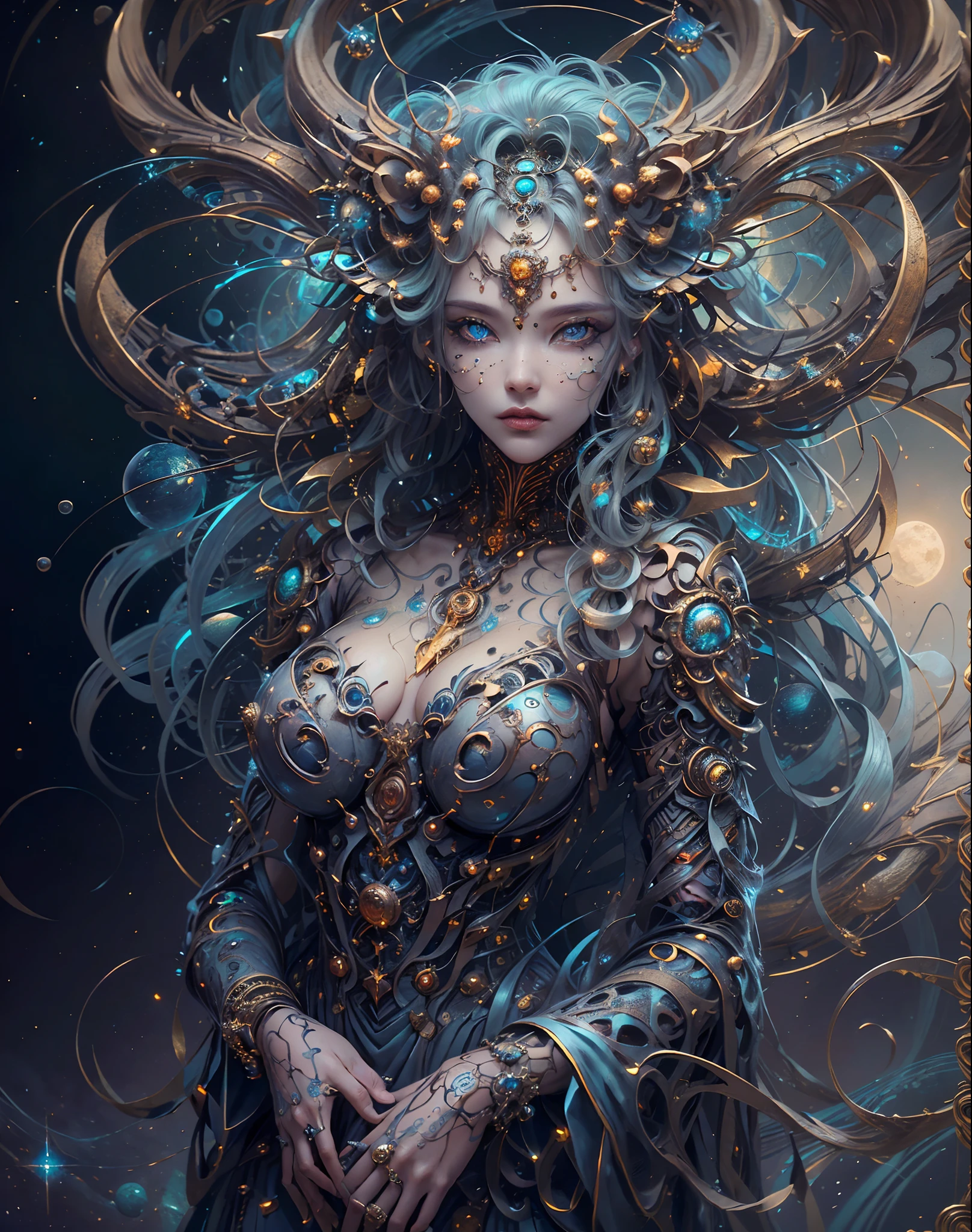 (best quality,ultra - detailed,Most Best Illustration,Best shadow,masterpiece,A high resolution,professional artwork,famous artwork),Eyes focus, Star sparkle particle around, Detailed eyes,beautiful eyes,closeup cleavage,sci-fi,colored sclera,Robot eyes,face markings,Tattooed with,(fractalized,Fractal eyes),large eyes,Wide eyes,(Eye focus),face focus,Cosmic eyes,Space eyes,Close-up of metal sculpture of a woman with a moon in her hair,goddess, extremely high detail,3 d goddess portrait,Extremely detailed footage of the goddess,a stunning portrait of a goddess,Side image of the goddess,portrait of a beautiful goddess,Full body close-up portrait of the goddess,hecate goddess,portrait of a norse moon goddess,goddess of space and time, sea art 2.1, goddess sea art 2.1, texture masterpiece, super detail, cinematic lighting, perfect face.