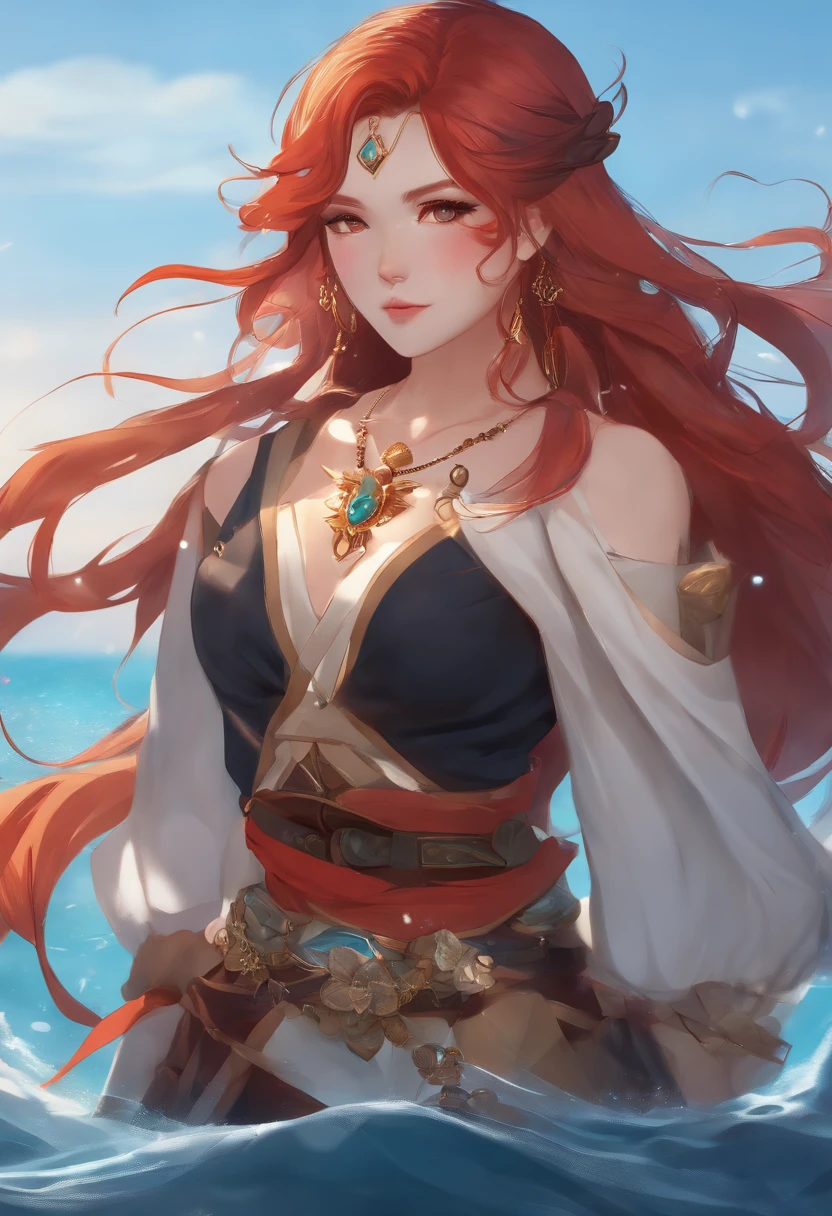 nilou (Genshin Impact), behind the sea, 1girll, Background blur, Closed mouth, Bare arms, accessory, bare sleeves, Bare shoulders, Red hair, bangle, necklace, Cowboy shot, Sideways