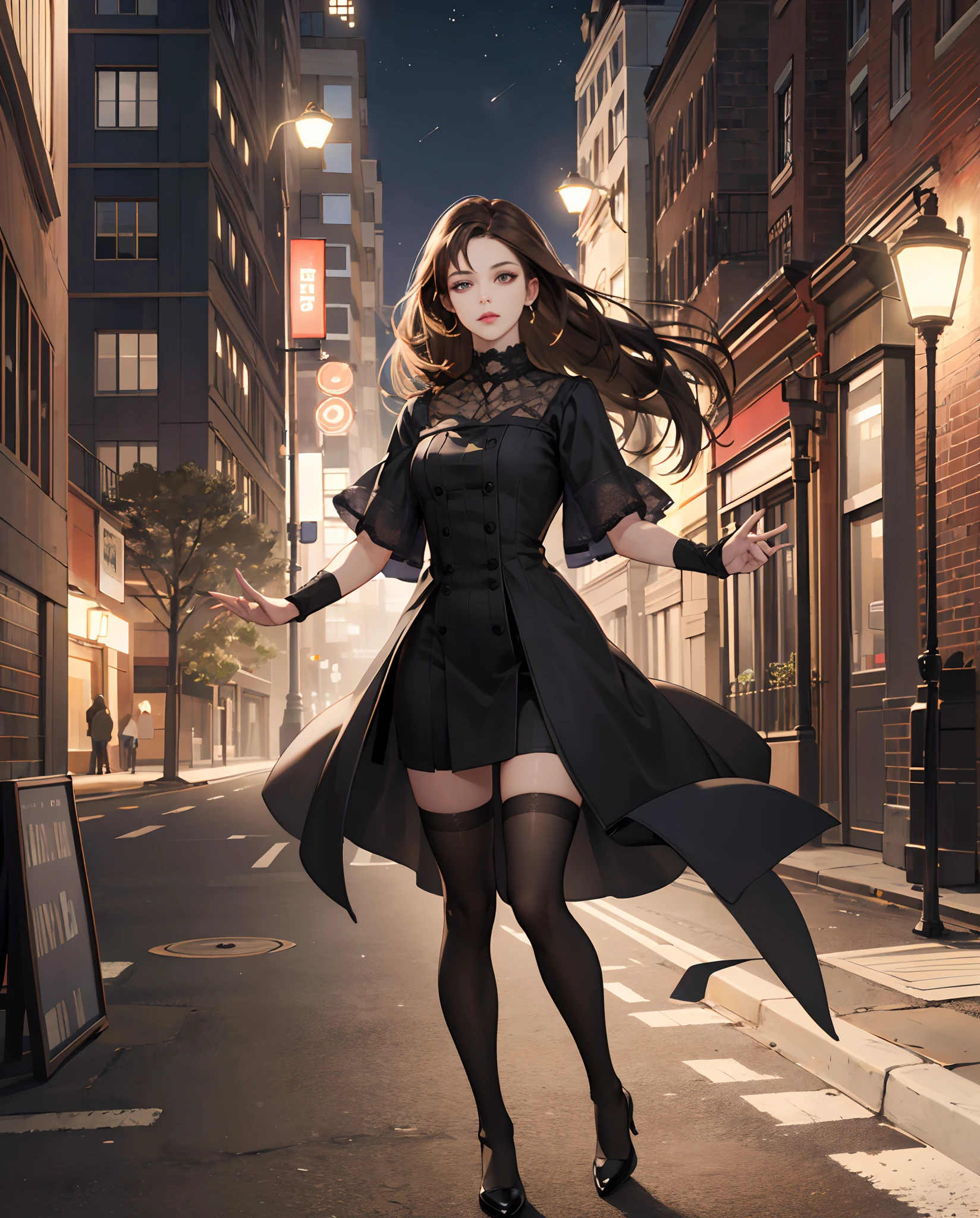 ((Realistic lighting, Best quality, 8K, Masterpiece: 1.3)), Clear focus: 1.2, 1girl, Perfect body beauty: 1.4, Slim abs: 1.1, ((dark brown hair)), (No dress: 1.4), (Outdoor, night: 1.1), City Street, Super Fine Face, Fine Eyes, Double Eyelids, (Over the knee black stockings: 1.5)