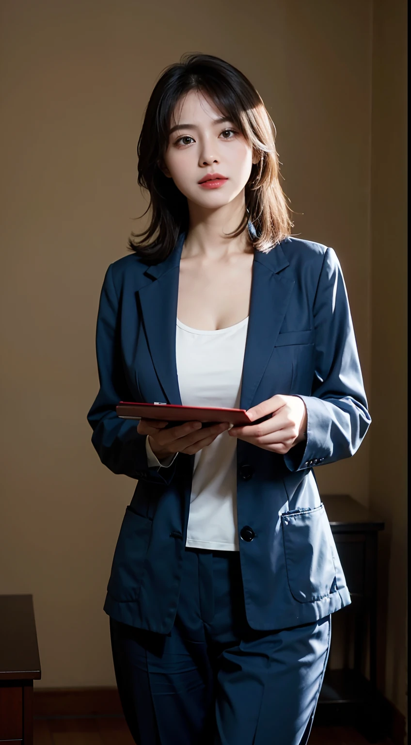A female doctor,Wear a doctor's uniform,realisticlying,dynamic lights,Brush cut,Thin stature,cleavage,full shoot,(非常详细的 CG 统一 8k 壁纸),high detal,tack sharp focus,dramatic,Photoreality