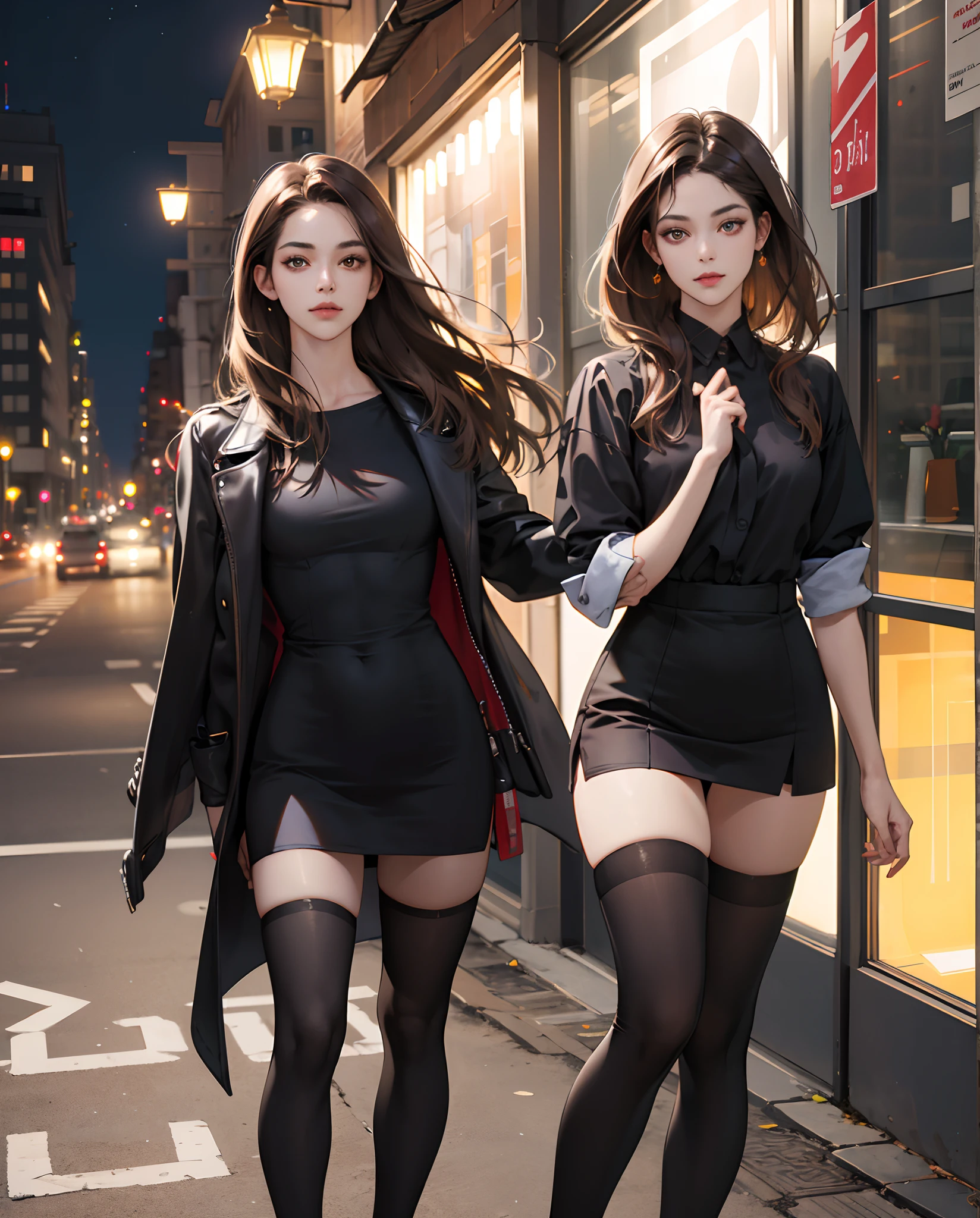 ((Realistic lighting, Best quality, 8K, Masterpiece: 1.3)), Clear focus: 1.2, 1girl, Perfect body beauty: 1.4, Slim abs: 1.1, ((dark brown hair)), (No dress: 1.4), (Outdoor, night: 1.1), City Street, Super Fine Face, Fine Eyes, Double Eyelids, (Over the knee black stockings: 1.5)