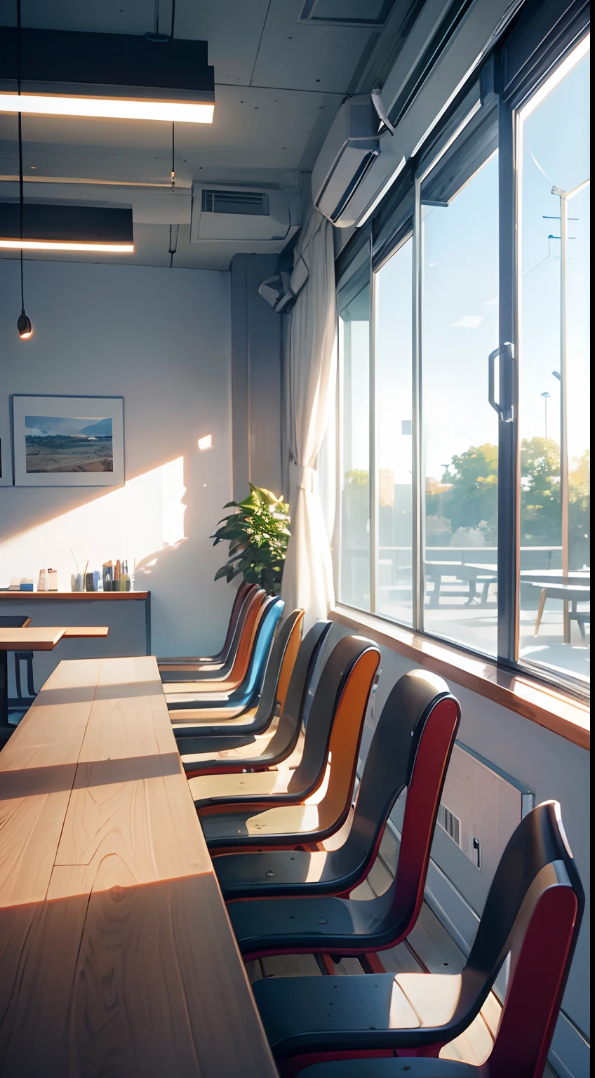 Tables and chairs in the canteen, right next to the table, morning, from the side, best graphics, 8k, ultrasharp, masterpiece