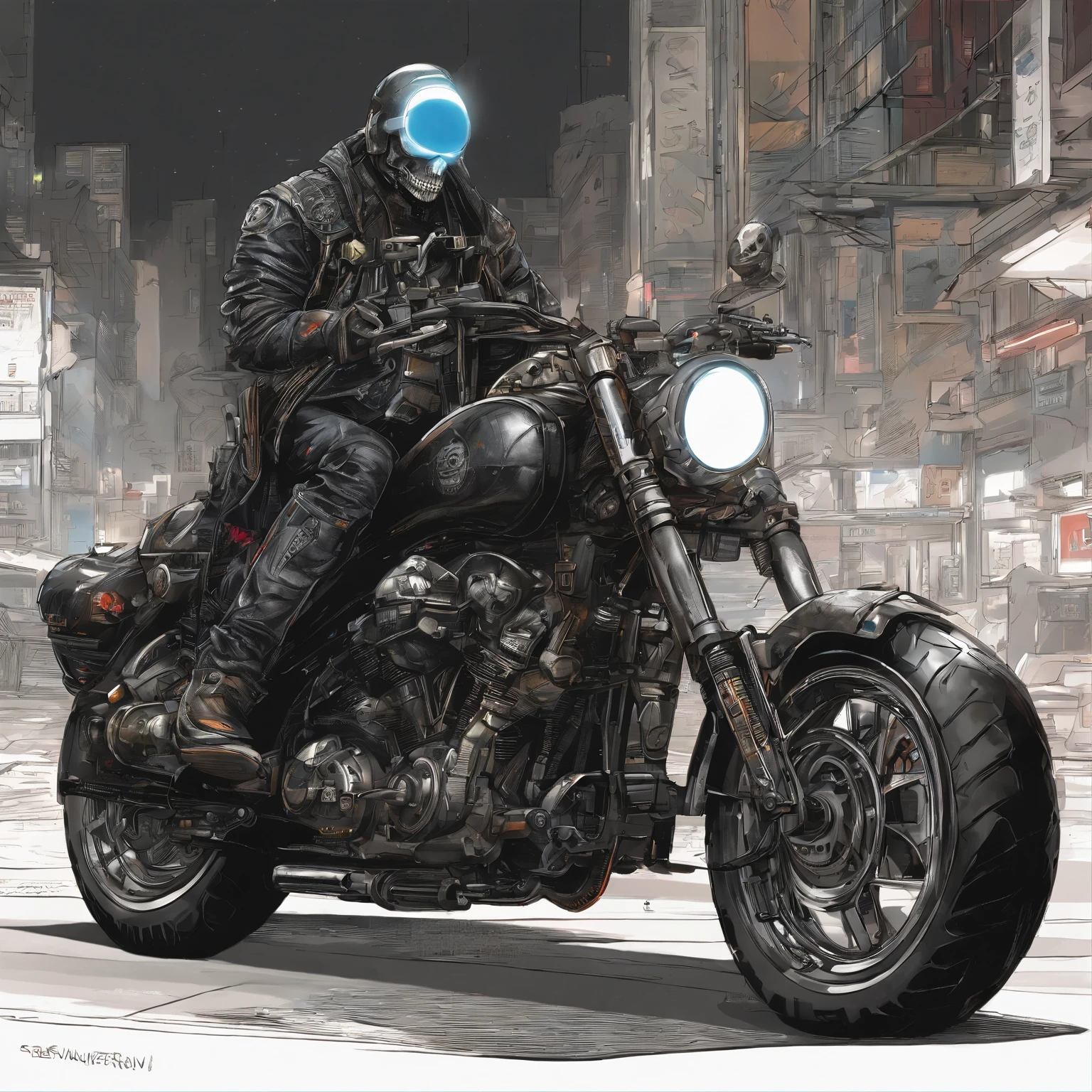 1 highly reflective Chrome skull headed male cyberpunk motorcycle gang member with LED lit cybernetic prosthetic arms housing retractable hidden weaponry and glowing white eyes, all black leather and motorcycle vest with embroidered skull motorcycle patch emblem embossed on back, ( Character Sheet, forehead, back, side, rear), Full Shot full body portrait character design schematic shot, highly reflective Chrome skull headed cyberpunk motorcycle gang member with glowing White eyes with detailed led lit cybernetic arms visually holstering gadgets wearing all black leather and motorcycle vest with embroidered skull motorcycle patch embossed on the back. insanely detailed matte painting with rough strokes and textures, Stephen Gammell, Pino Daheny, Jeremy Mann, Alex Maleev, Carne_Griffiths, 16k resolution, oil on canvas, fine art, super efficient light, crisp focus, graininess, approaching perfection, a million details, Max quality. (masterpiece: 1.2), (best quality: 1.3).