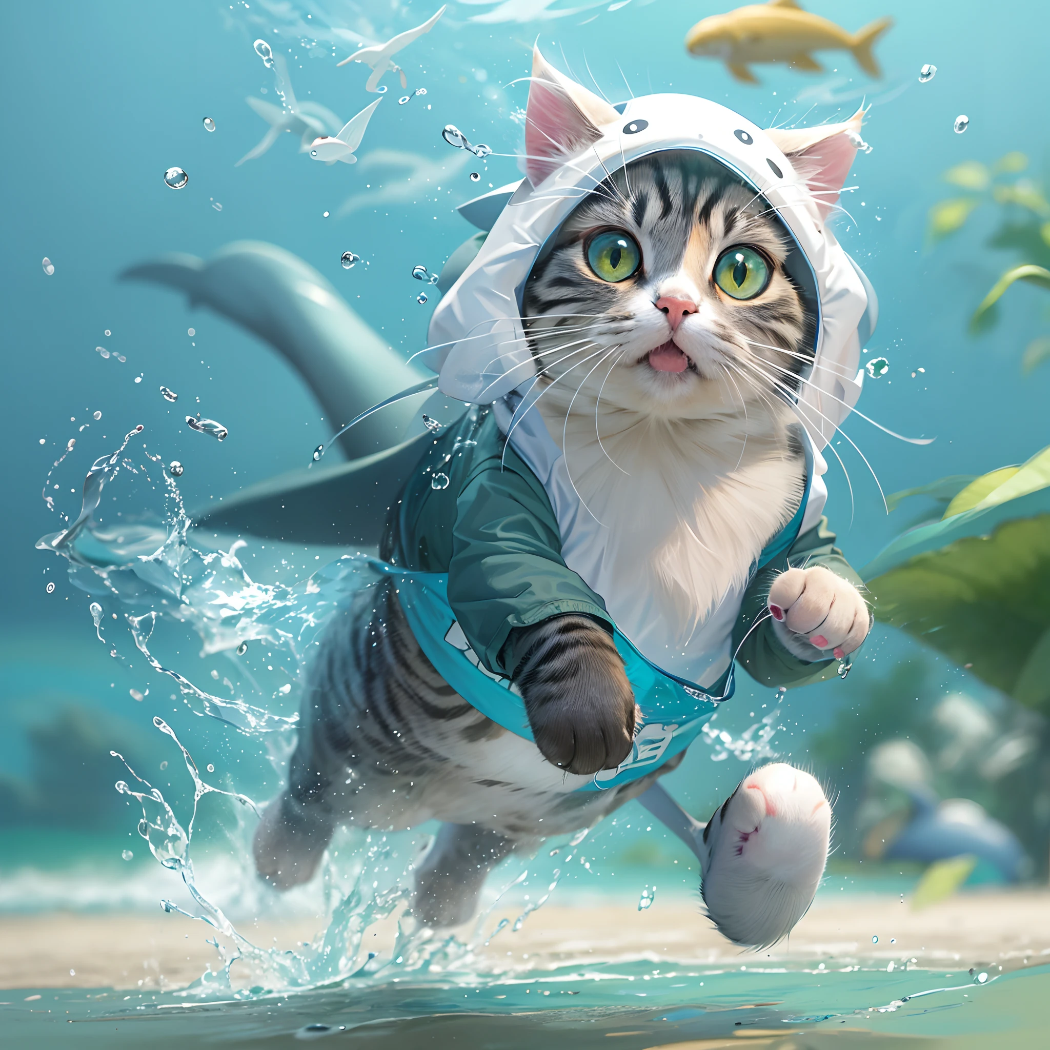 Cute cat, running, cute, cute, cute, wearing a dolphin costume,