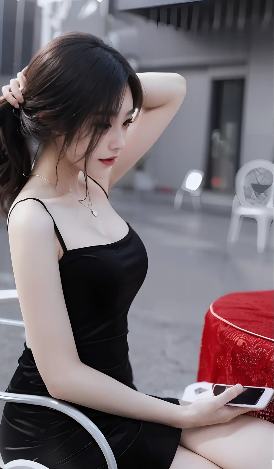 araffe woman sitting on a chair with a cell phone in her hand, chinese girl, sexy girl, gorgeous chinese model, sexy dress, lovely woman, korean girl, trending at cgstation, cute elegant pose, chinese woman, chinese style, wearing a tight black dress, she is wearing a black tank top, attractive girl, attractive pose, sexy pose, tight dress, Best picture quality, masterpiece, ultra high resolution, 8k, cleavage, big boobs, bust detail, hair detail, eye detail, sharp eyes, thin smile, professional lighting