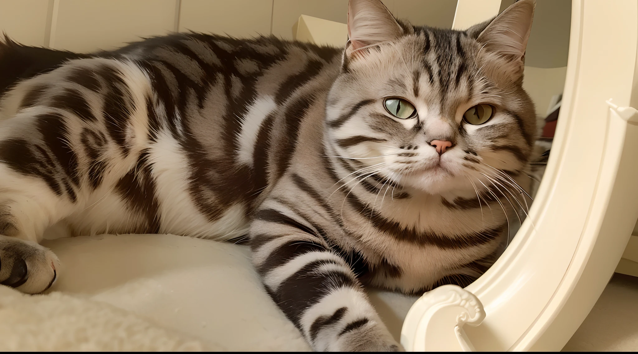 there is a cat that is laying down on the floor, A handsome, Very handsome, author:Maximilian Vanka, proud look, exotic shorthair cat, cat female with a whit and chest, A stunning masterpiece, high-quality picture, scottish fold, taken with a Sony A7R camera, taken with sony alpha 9, A cute cat
