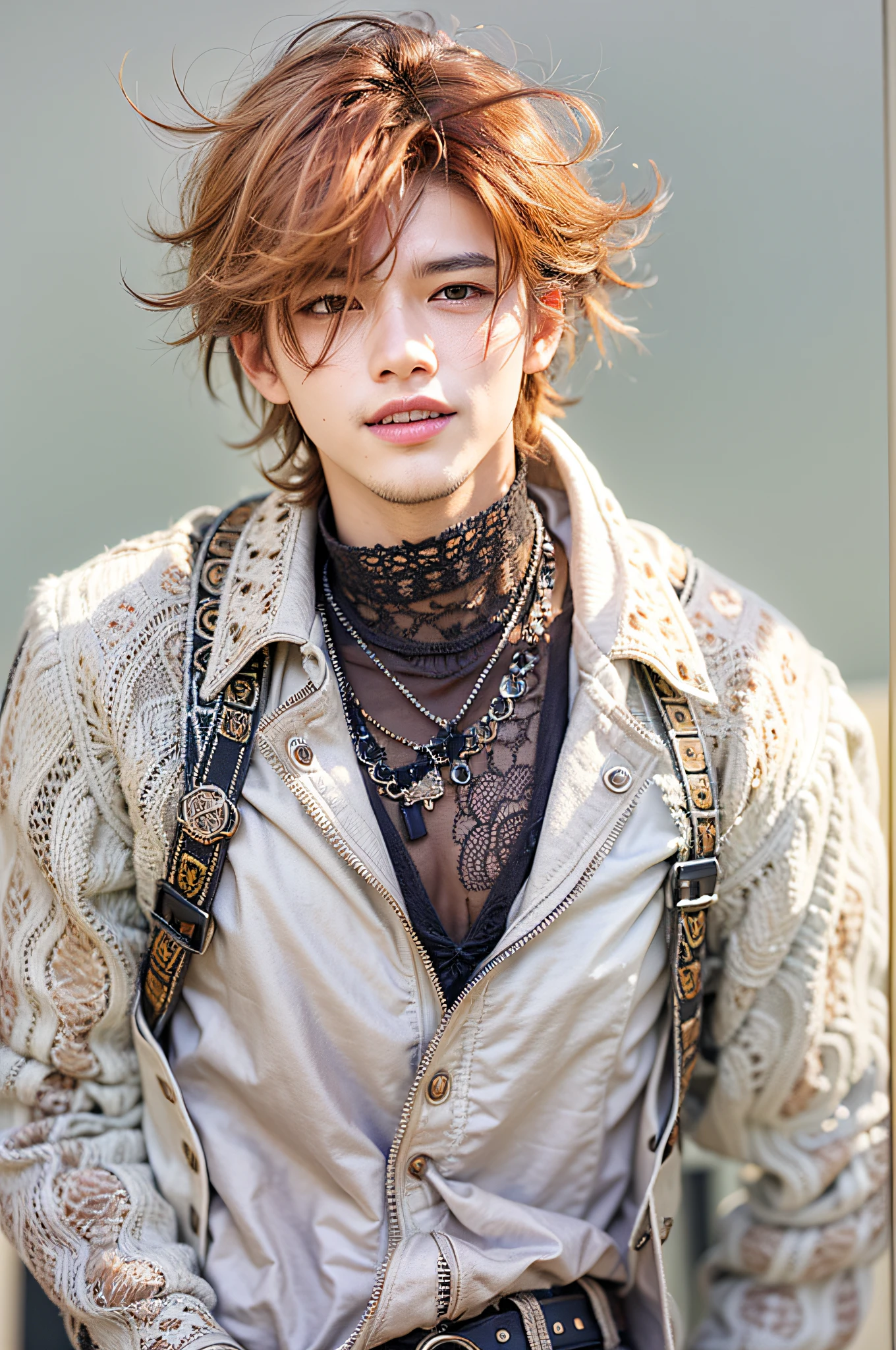 1boy, solo, (masterpiece, ultra quality, high resolution, 8k, intricate: 1.2), (detailed face:1.2), handsome, Young Korean man ,white skin, double eyelids , detailed skin, 1boy, ((realistic)), male focus, ((realistic)), ((pale skin)), , hunk, handsome,1boy, orange hair,nakahara chuuya,long hair,hat, grey eyes, choker, deep eyes,vest, looking at viewer, smile, fedora, jacket on shoulders, (masterpiece), (best quality:1),