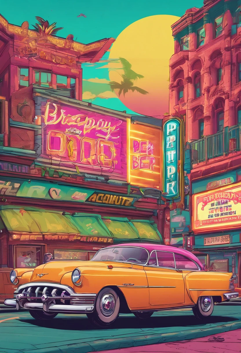 The background is a Broadway neon stage，Vintage cars parked，Broadway poster style，There is an advertisement for pineapple beer in the picture