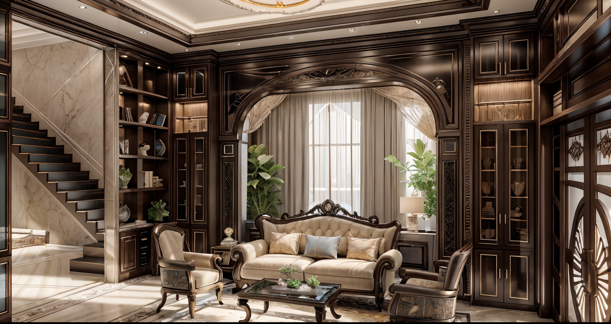 (best quality,8k,highres,masterpiece:1.2),ultra-detailed,(Natural dark reddish brown wood) full cabinet glass detail:1.1) for living room storage, (luxury pendant lights1.1), (window glass:1.3), (curtain light:1.1), neoclassic interior, neoclassic living room, render vray, realistic 3d, neutral light, marble floor, elegant furniture, tall columns, intricate ceiling, elaborate chandelier, grand fireplace, delicate moldings, antique decorations, symmetrical layout, soft color palette, cozy seating area, plush velvet sofas, ornate coffee table, classic artworks hanging on the walls, bookshelves filled with leather-bound books, a stunning view of a manicured garden outside the window, tranquil atmosphere, refined ambiance, timeless elegance, capturing the essence of neoclassical design, (photo-realistic:1.5),(((hyper detail:1.5))), archdaily, award winning design, (dynamic light:1.3), (daylight:1.2), (perfect light:1.3), (shimering light :1.4) , refection glass windows, (curved line architecture arch:1.2), (day:1.1), photorealistic, (god ray:1.1), FKAA, TXAA, RTX, SSAO, , Post Processing, Post-Production, CGI, VFX, SFX, Full color,((Unreal Engine 5)), Canon EOS R5 Camera + Lens RF 45MP full-frame CMOS sensor, HDR, Realistic, Cinematic intricate detail, extreme detail, science, hyper-detail, super detail, super realistic, crazy detail, intricate detail, nice color grading, reflected on glass, eye-catching wall lights, octane render, cinematic, trending on artstation, High-fidelity, Viwvid, Crisp, Sharp, Bright, Stunning, ((Lifelike)), Natural, ((Eye-catching)), Illuminating, Flawless, High-quality,Sharp edge rendering, medium soft lighting, photographic render, detailed archviz