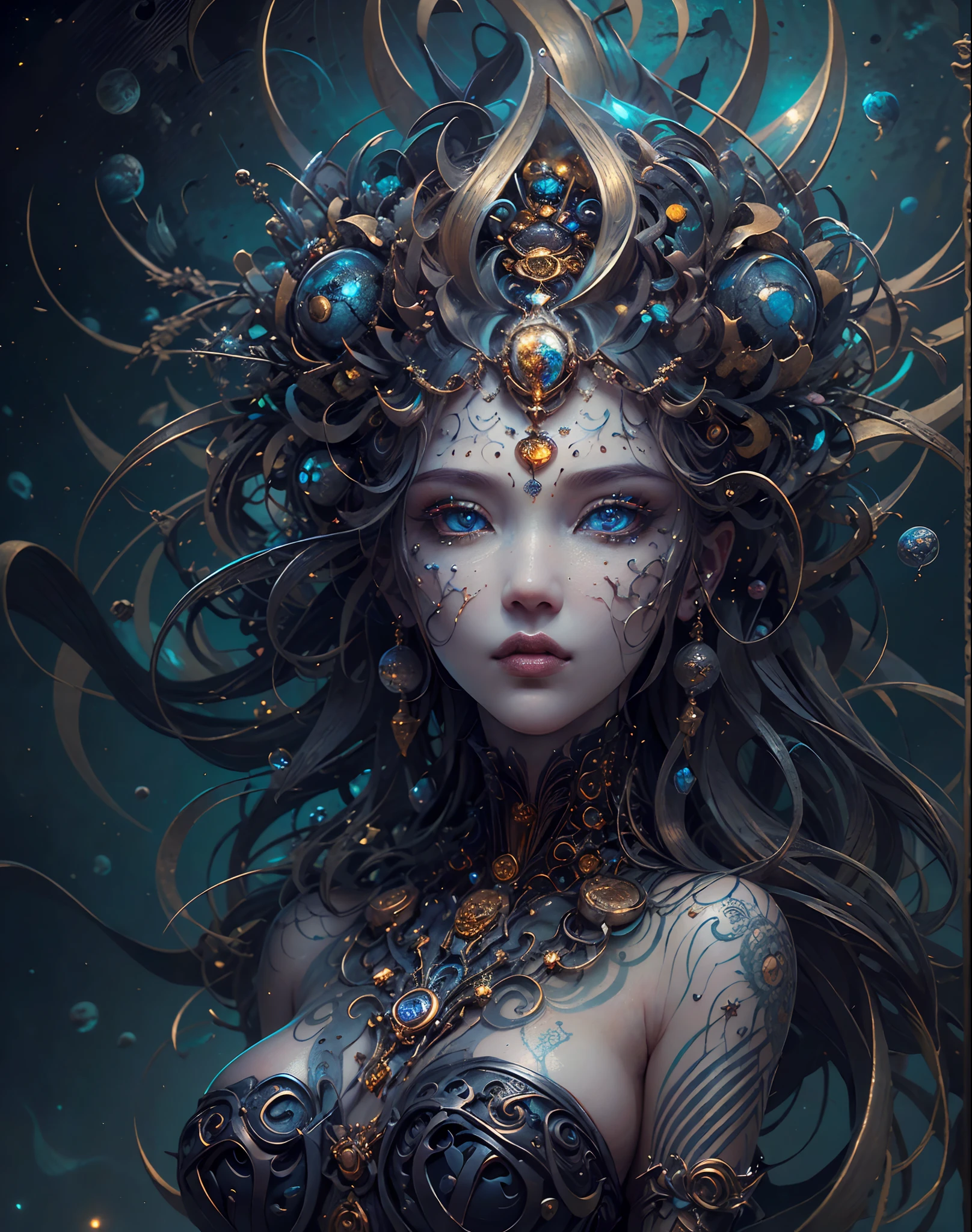 (best quality,ultra - detailed,Most Best Illustration,Best shadow,masterpiece,A high resolution,professional artwork,famous artwork),Eyes focus, Star sparkle particle around, Detailed eyes,beautiful eyes,closeup cleavage,sci-fi,colored sclera,Robot eyes,face markings,Tattooed with,(fractalized,Fractal eyes),large eyes,Wide eyes,(Eye focus),face focus,Cosmic eyes,Space eyes,Close-up of metal sculpture of a woman with a moon in her hair,goddess, extremely high detail,3 d goddess portrait,Extremely detailed footage of the goddess,a stunning portrait of a goddess,Side image of the goddess,portrait of a beautiful goddess,Full body close-up portrait of the goddess,hecate goddess,portrait of a norse moon goddess,goddess of space and time, sea art 2.1, goddess sea art 2.1, texture masterpiece, super detail, cinematic lighting, perfect face.