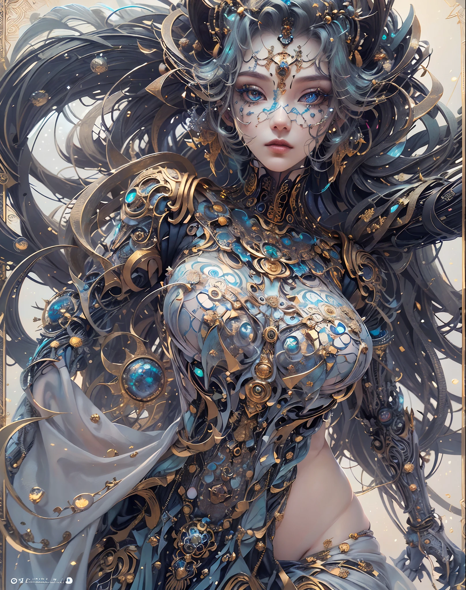 (best quality,ultra - detailed,Most Best Illustration,Best shadow,masterpiece,A high resolution,professional artwork,famous artwork),Eyes focus, Star sparkle particle around, Detailed eyes,beautiful eyes,closeup cleavage,sci-fi,colored sclera,Robot eyes,face markings,Tattooed with,(fractalized,Fractal eyes),large eyes,Wide eyes,(Eye focus),face focus,Cosmic eyes,Space eyes,Close-up of metal sculpture of a woman with a moon in her hair,goddess, extremely high detail,3 d goddess portrait,Extremely detailed footage of the goddess,a stunning portrait of a goddess,Side image of the goddess,portrait of a beautiful goddess,Full body close-up portrait of the goddess,hecate goddess,portrait of a norse moon goddess,goddess of space and time, sea art 2.1, goddess sea art 2.1, texture masterpiece, super detail, cinematic lighting, perfect face.