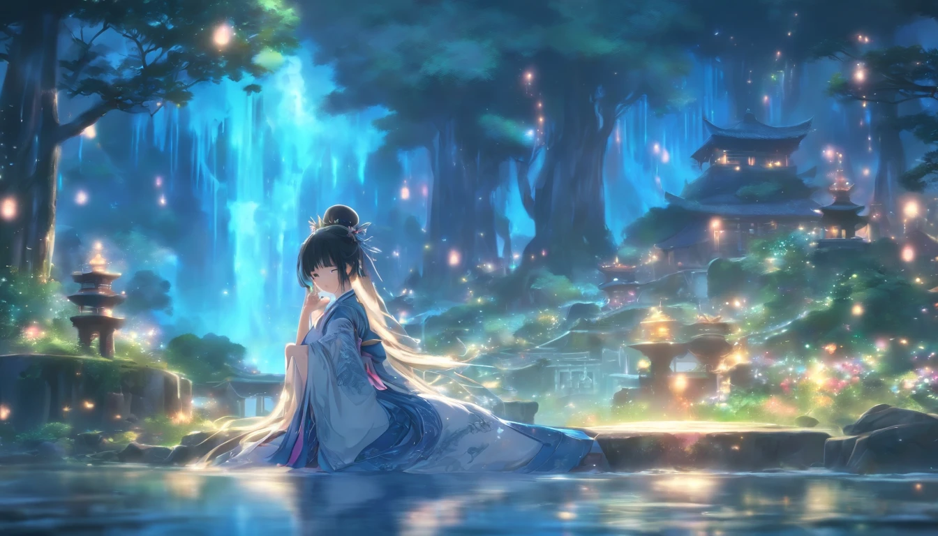 (Masterpiece, Best quality), 1girll(atenea_Asamiya Palace), Cute dress, Long black hair, Sitting, Beautiful outdoor background, Night, forest，highly detailed surreal vfx，China ink painting，water ink，ink，Smudge，China-style，中景 the scene is，super-fine，ultra - detailed，high qulity，8K ，Sharply focus the eyes，中景 the scene is，Full body like，oc rendered