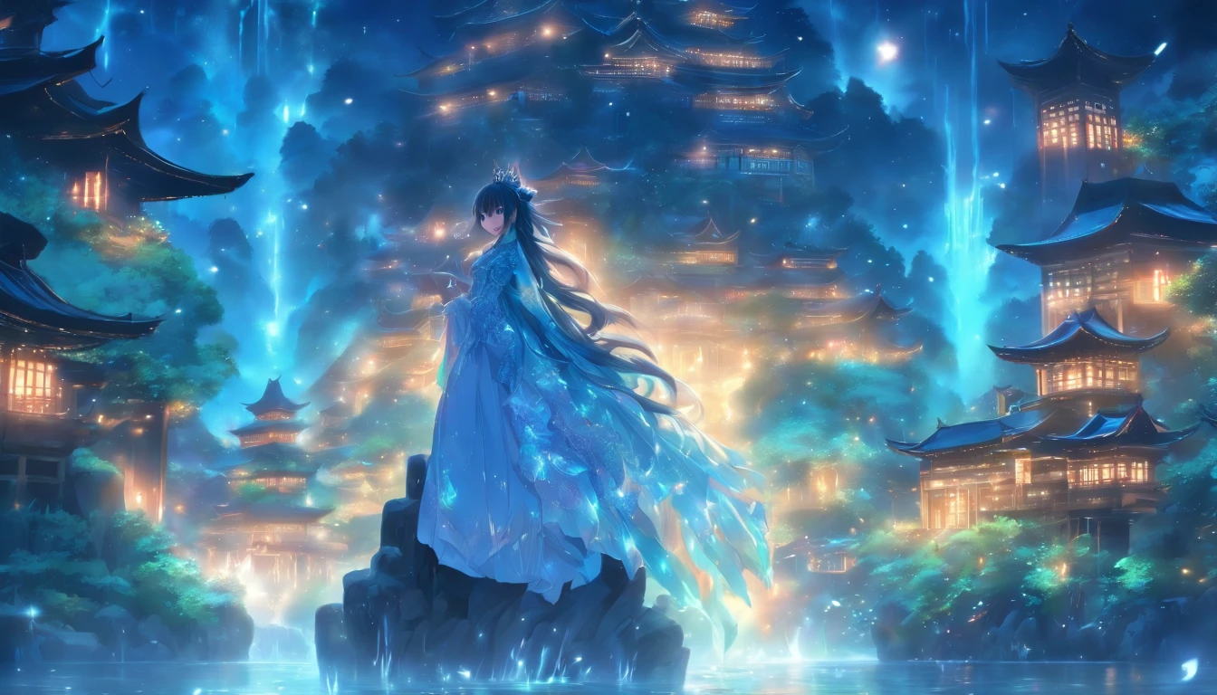 (Masterpiece, Best quality), 1girll(atenea_Asamiya Palace), Cute dress, Long black hair, Sitting, Beautiful outdoor background, Night, forest,highly detailed surreal vfx,China ink painting,water ink,ink,Smudge,China-style,中景 the scene is,super-fine,ultra - detailed,high qulity,8K ,Sharply focus the eyes,中景 the scene is,Full body like,oc rendered
