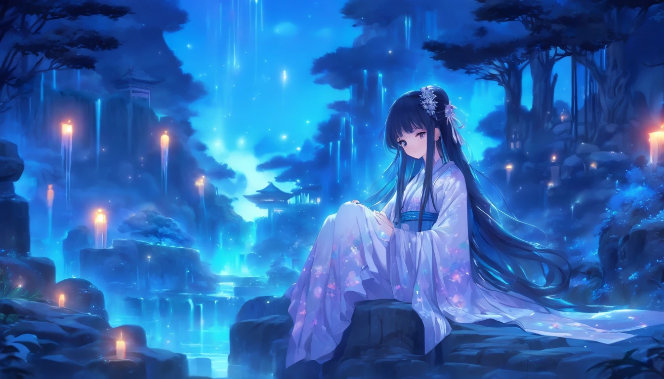 (Masterpiece, Best quality), 1girll(atenea_Asamiya Palace), Cute dress, Long black hair, Sitting, Beautiful outdoor background, Night, forest,highly detailed surreal vfx,China ink painting,water ink,ink,Smudge,China-style,中景 the scene is,super-fine,ultra - detailed,high qulity,8K ,Sharply focus the eyes,中景 the scene is,Full body like,oc rendered