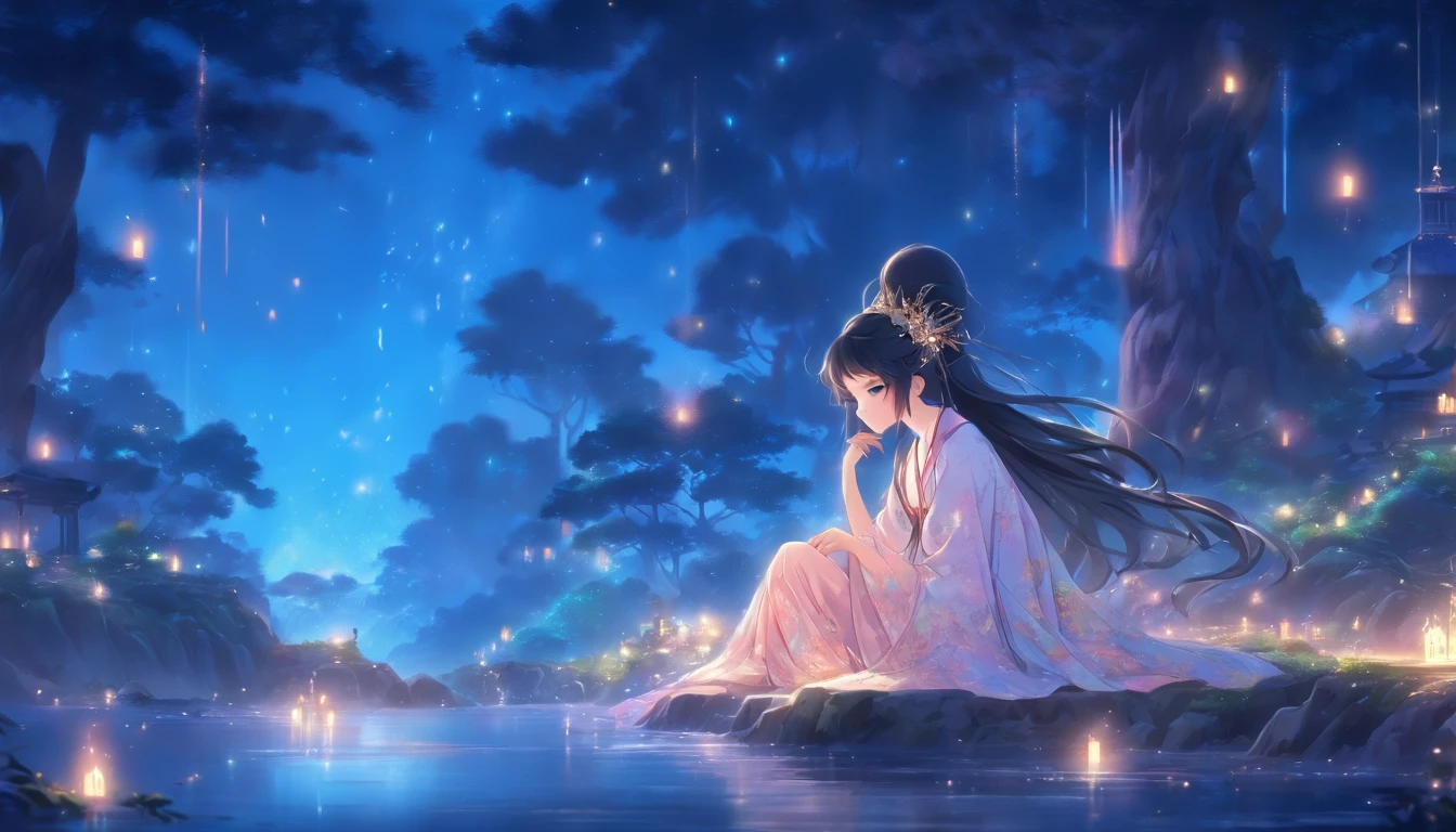 (Masterpiece, Best quality), 1girll(atenea_Asamiya Palace), Cute dress, Long black hair, Sitting, Beautiful outdoor background, Night, forest,highly detailed surreal vfx,China ink painting,water ink,ink,Smudge,China-style,中景 the scene is,super-fine,ultra - detailed,high qulity,8K ,Sharply focus the eyes,中景 the scene is,Full body like,oc rendered
