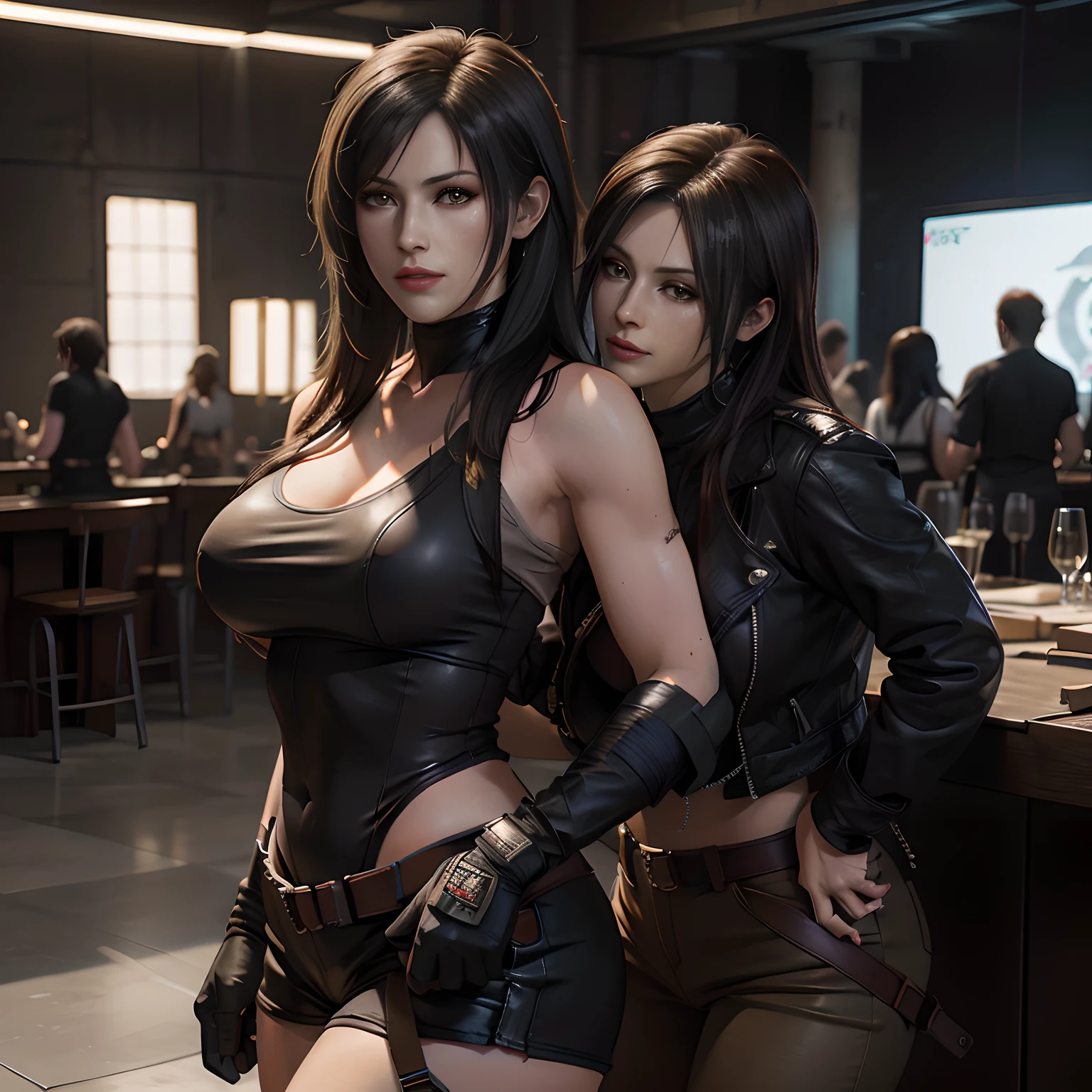 they are two women in leather outfits posing for a picture, Tifa Lockhart, ff Tifa, alluring tipha lockhart portrait, tifa lockhart portrait, Charming Tifa Lockheart, tifa lockheart, portrait of tifa lockhart, alena aenami and lilia alvarado, Range Murata and Artgerm, quiet from metal gear solid