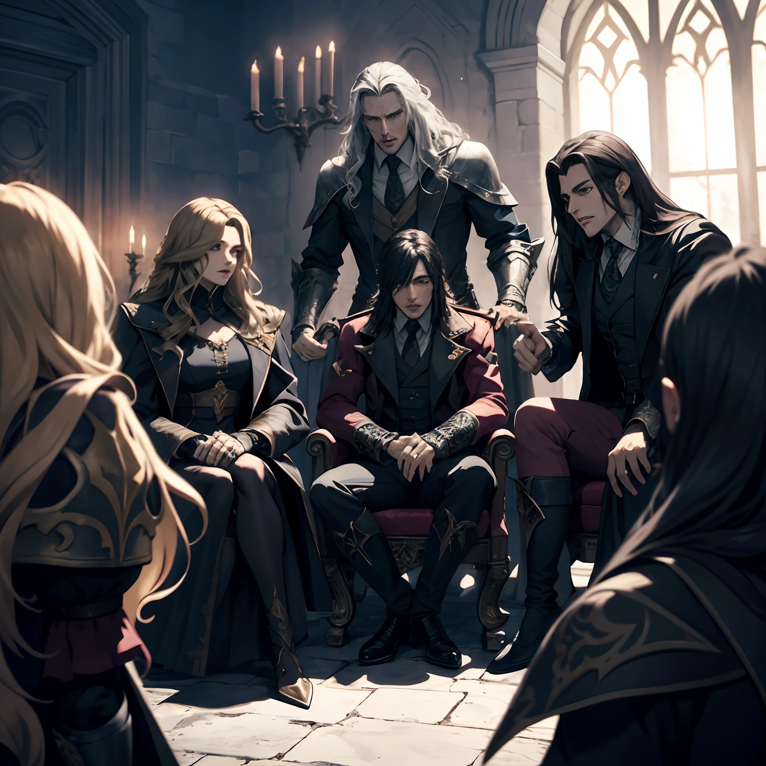 Castlevania Lord of the shadows hyper realistic super detailed Dynamic shot of groupe of lords discussion