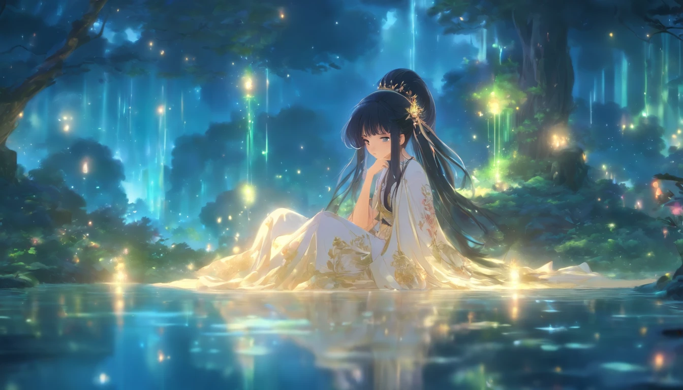 (Masterpiece, Best quality), 1girll(atenea_Asamiya Palace), Cute dress, Long black hair, Sitting, Beautiful outdoor background, Night, forest,highly detailed surreal vfx,China ink painting,water ink,ink,Smudge,China-style,中景 the scene is,super-fine,ultra - detailed,high qulity,8K ,Sharply focus the eyes,中景 the scene is,Full body like,oc rendered